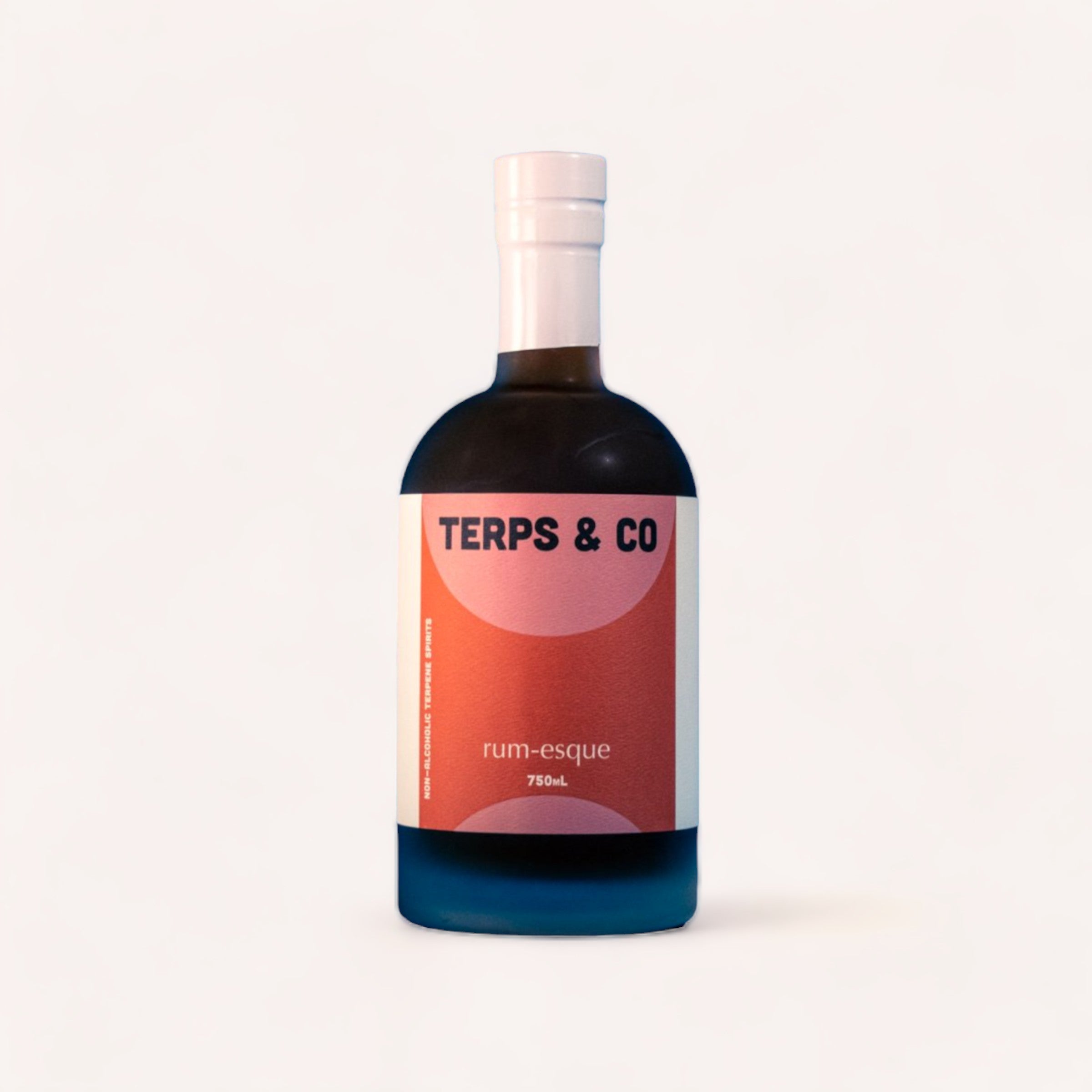 A sleek bottle of Rum-esque by Terps & Co zero alcohol spiced rum, 750ml, set against a clean white background.