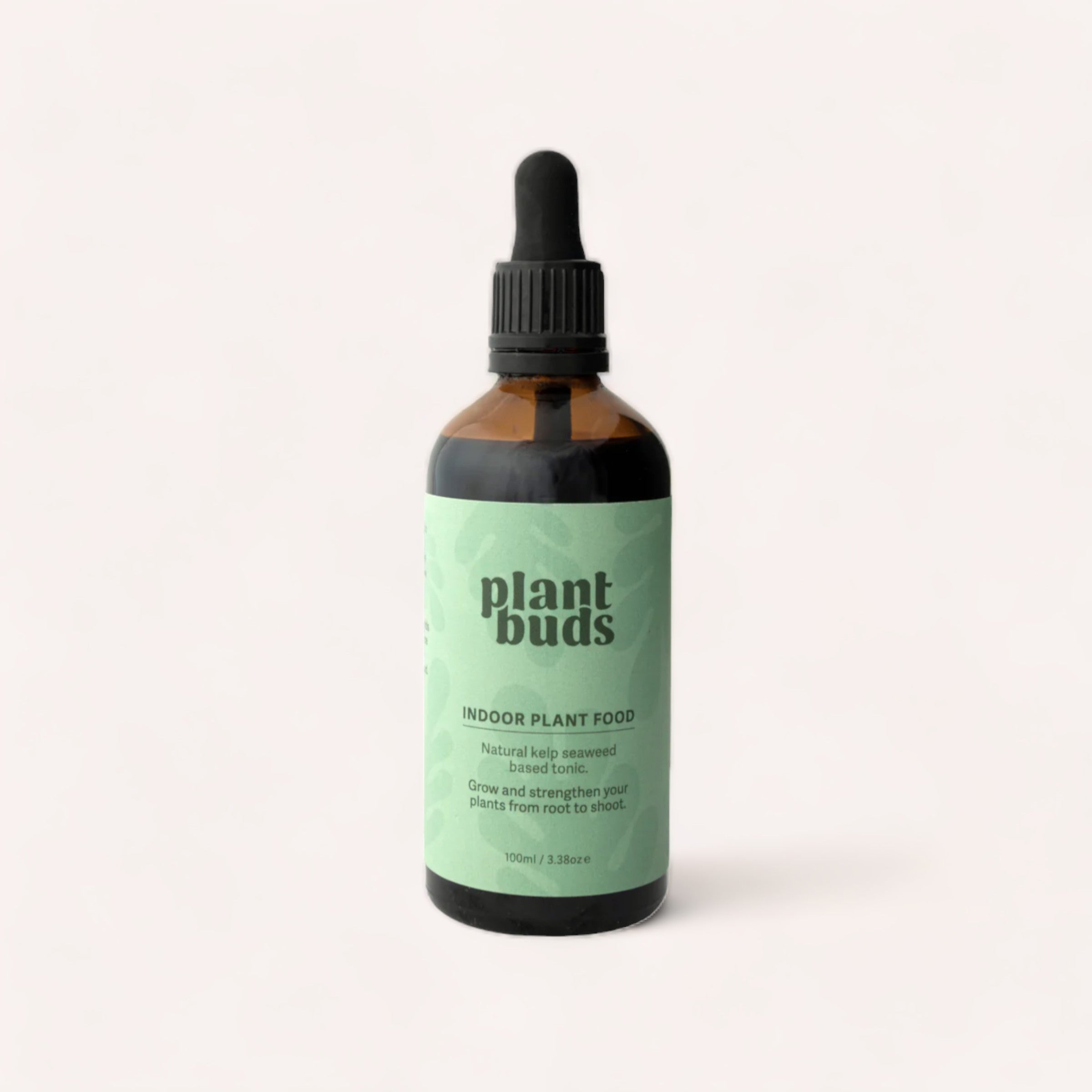 A bottle of "Indoor Plant Food by Plantbuds" with a dropper, designed to nurture and strengthen indoor plants, placed against a plain white background.