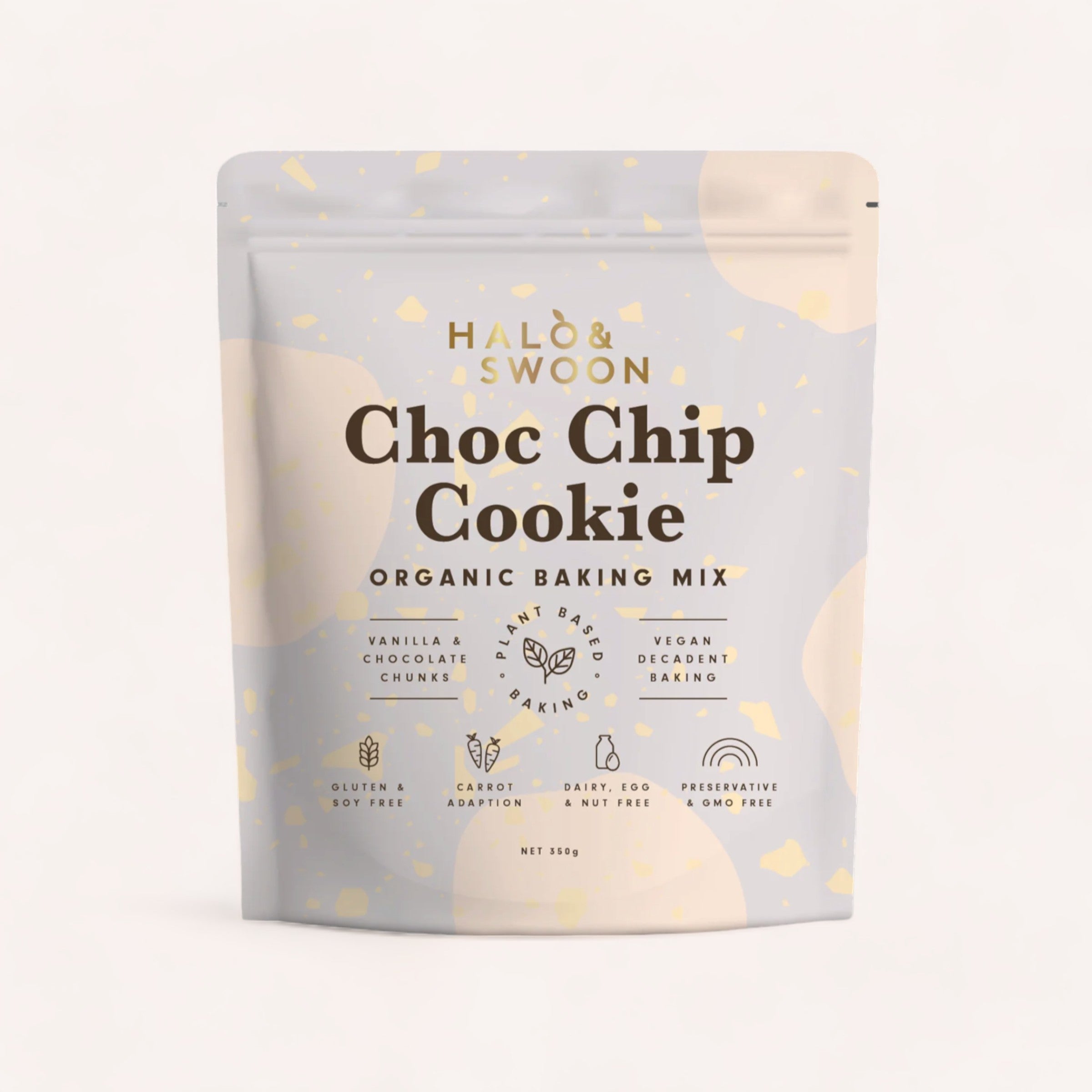 A package of allergy-friendly Choc Chip Cookie Mix by Halo & Swoon for vegan chocolate chip cookies, featuring vegan chocolate chunks and a gluten-free recipe, against a neutral background.