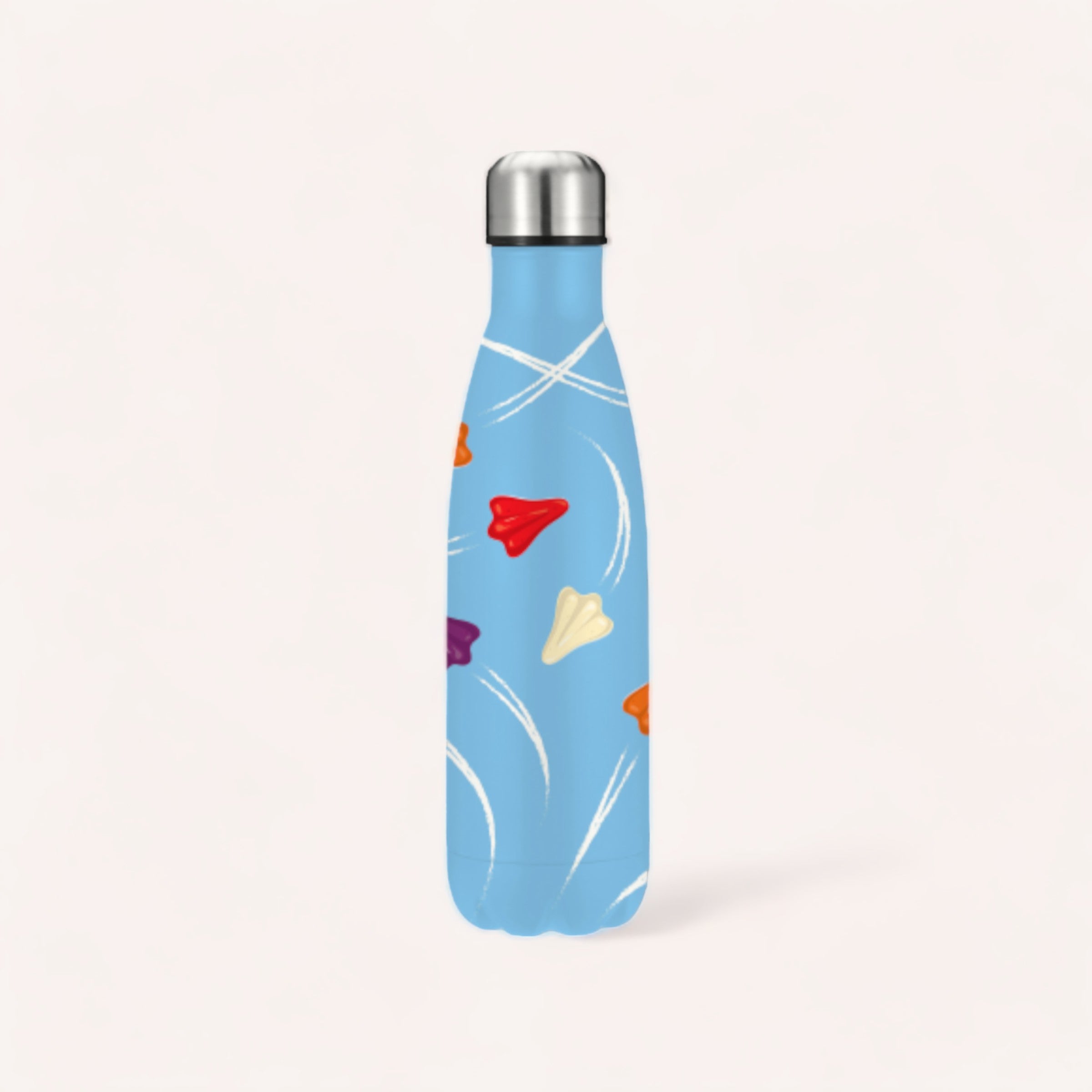 A colorful insulated Jet Planes stainless steel water bottle with a blue background and playful fish design on a white surface by Glenn Jones Accessories.