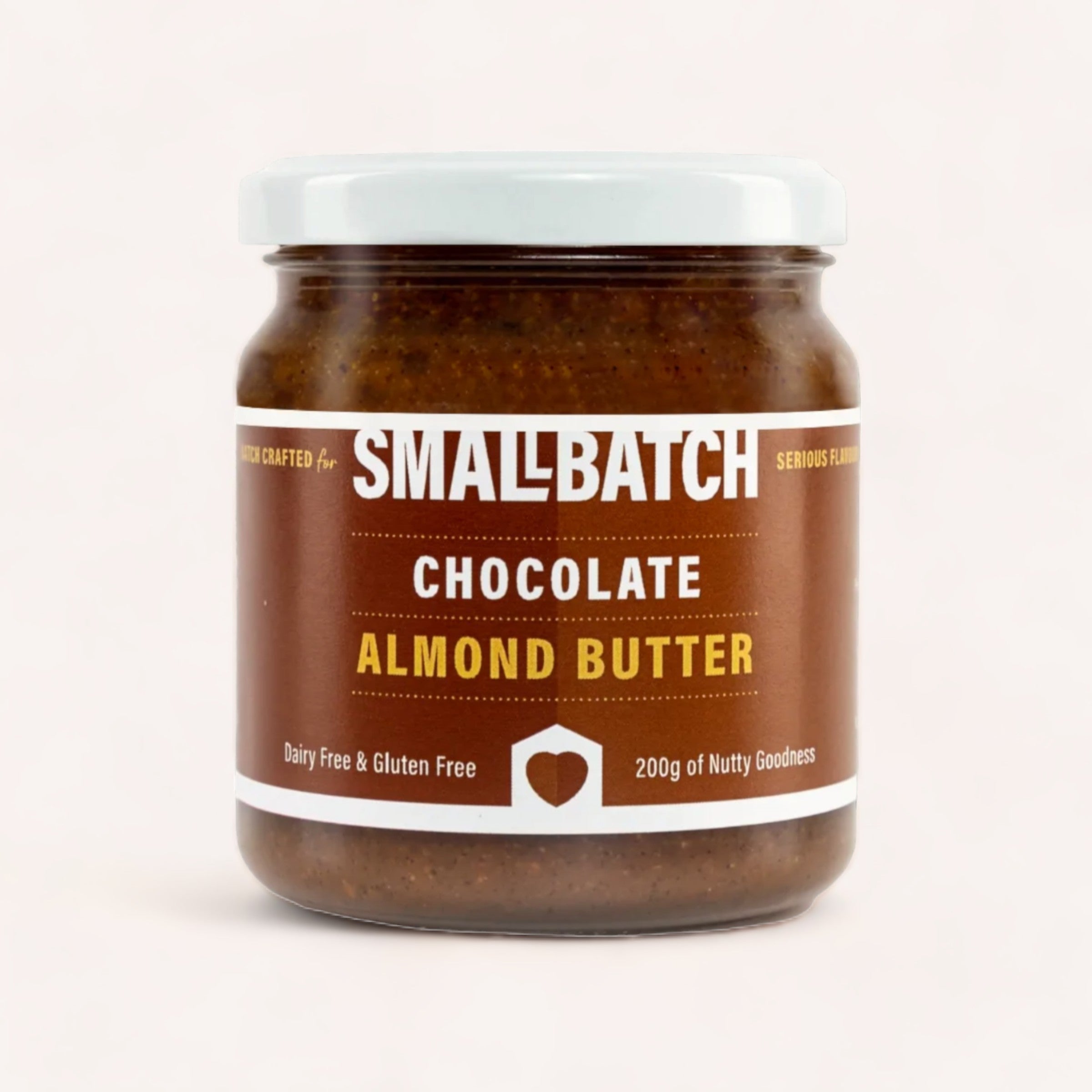 A jar of Smallbatch Chocolate Almond Butter, featuring the label "dairy free & gluten free" and "200g of nutty goodness.
