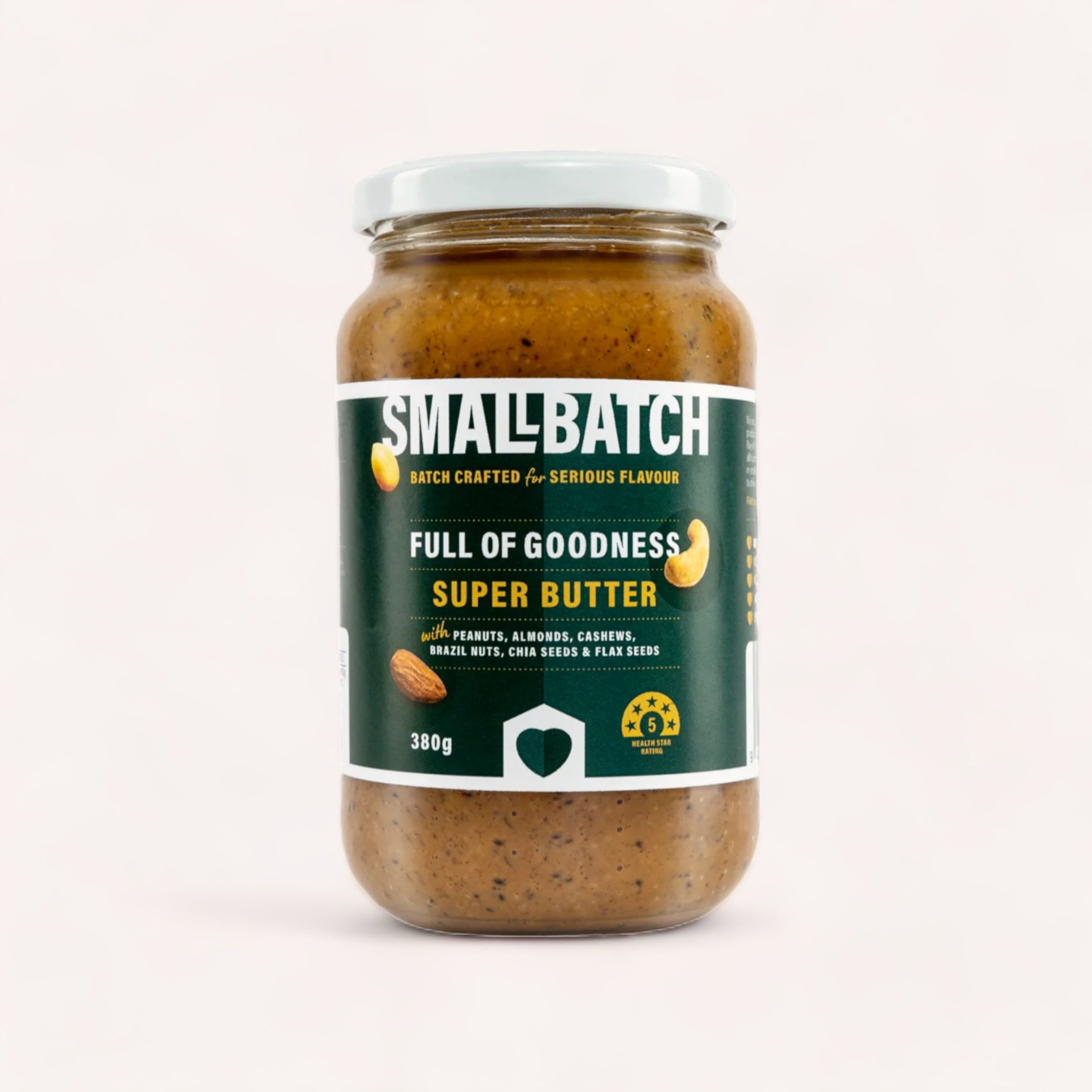 A jar of Smallbatch Nut Butter - Super Butter placed against a white background, highlighting its natural ingredients like high-oleic peanuts, almonds, cashews, hazelnuts, chia.