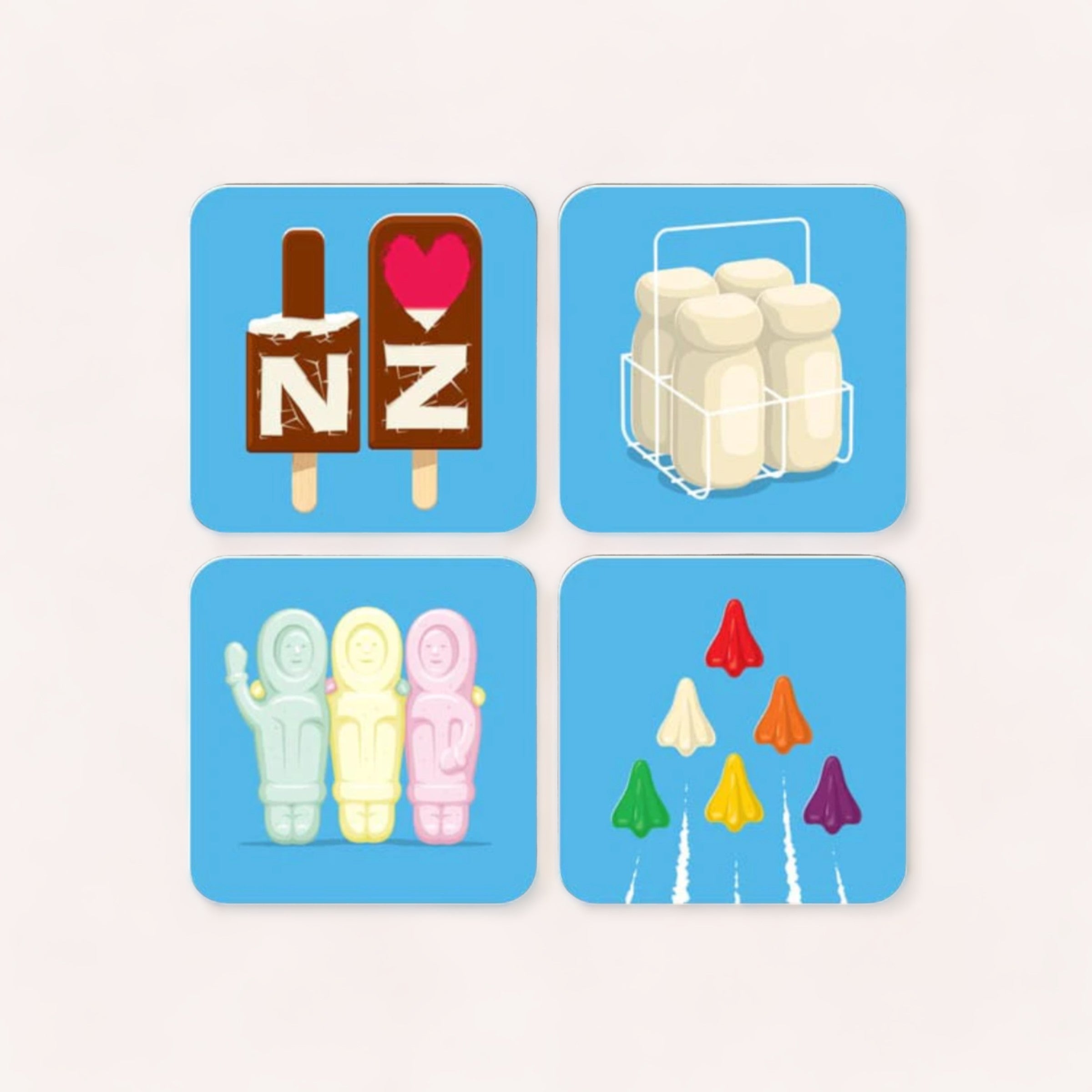 Four Sweet As Coaster Sets by Glenn Jones inspired, colorful icons representing different ice cream treats or popsicles, with each icon having a unique style and flavor.