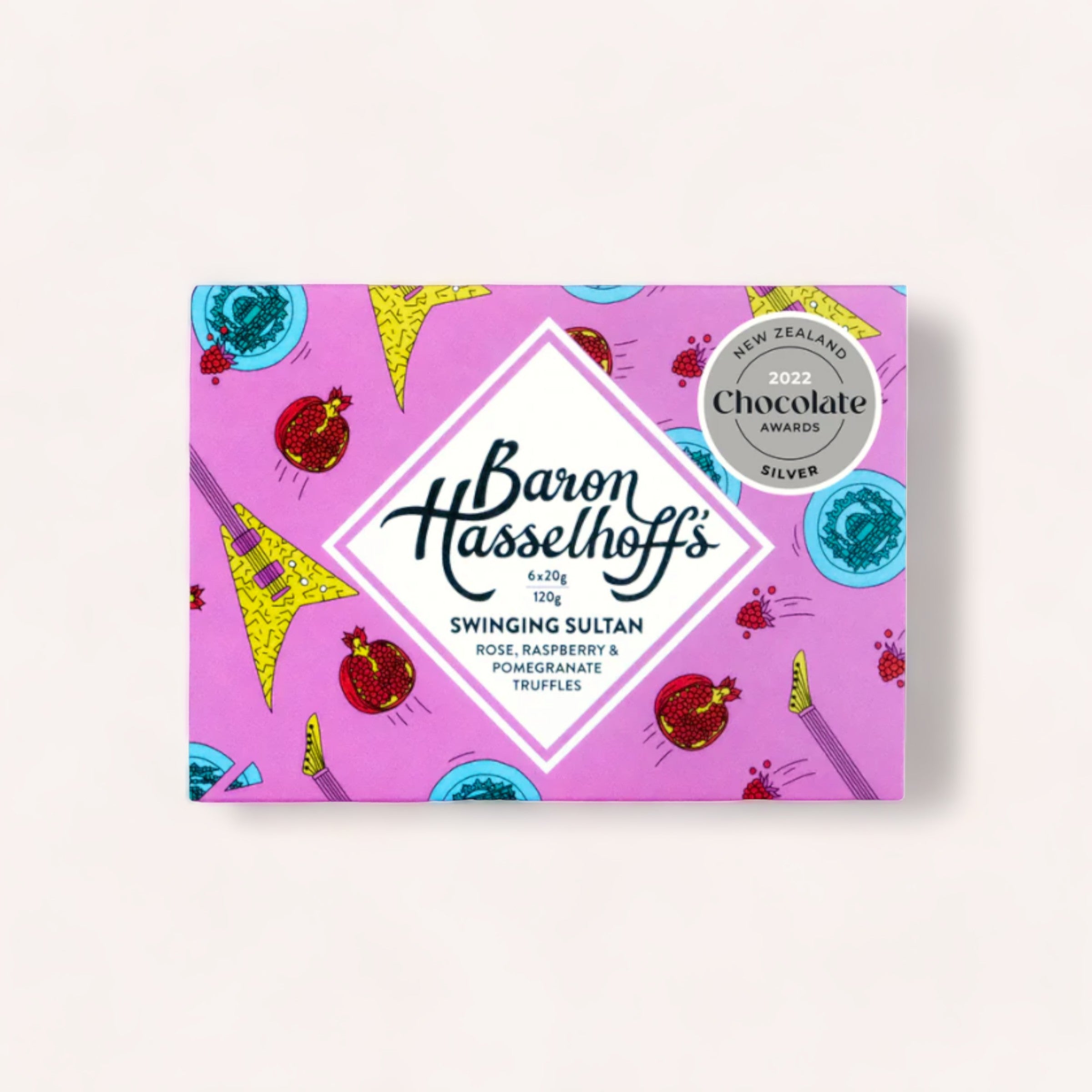 A colorful Swinging Sultan chocolate bar wrapper featuring the brand "Baron Hasselhoff's," with a flavor description of "rose raspberry pomegranate truffles," and an award seal indicating a silver prize from.