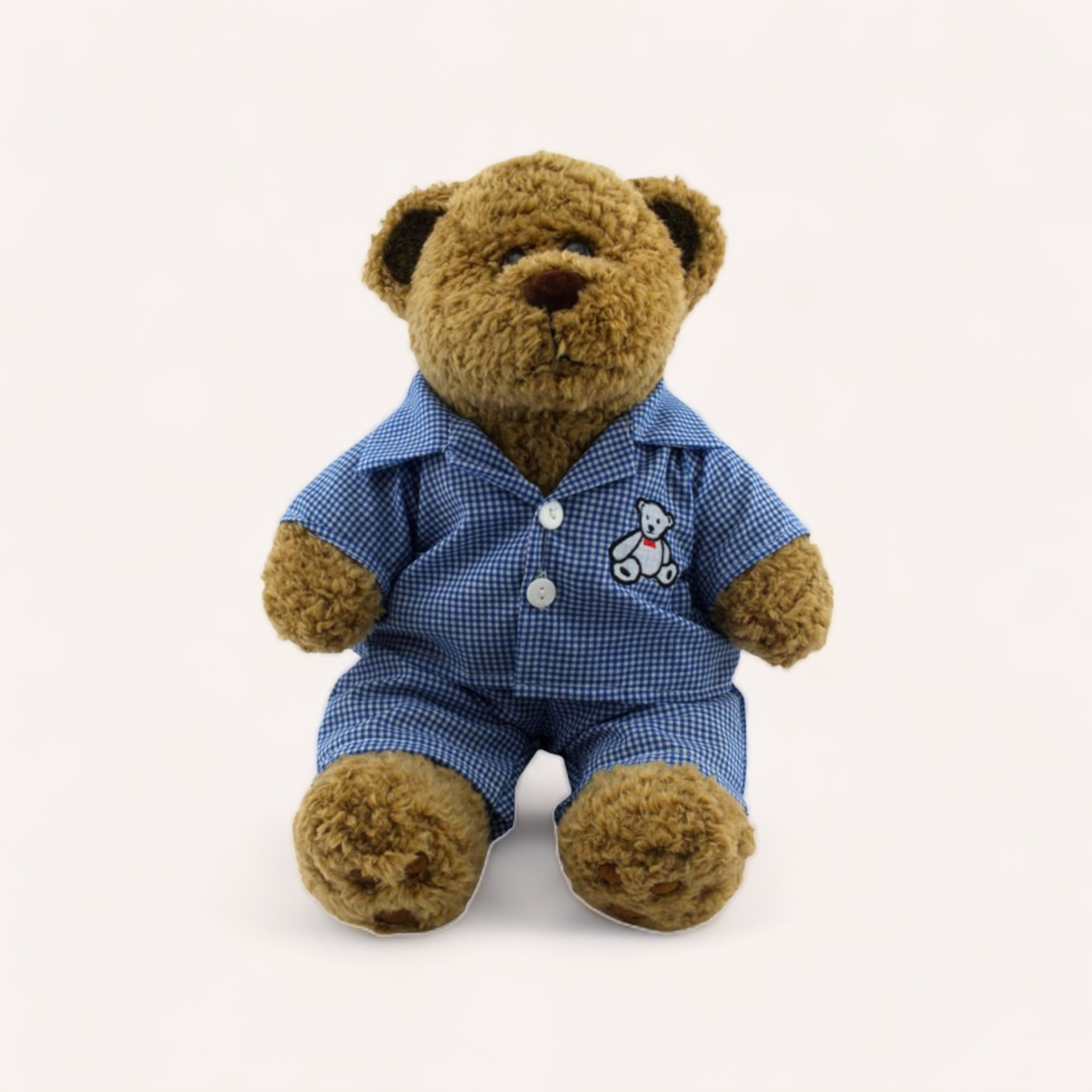 A plush teddy bear dressed in The Teddy Factory's Bear PJ's Outfit with a cute patch on it, sitting isolated on a white background.