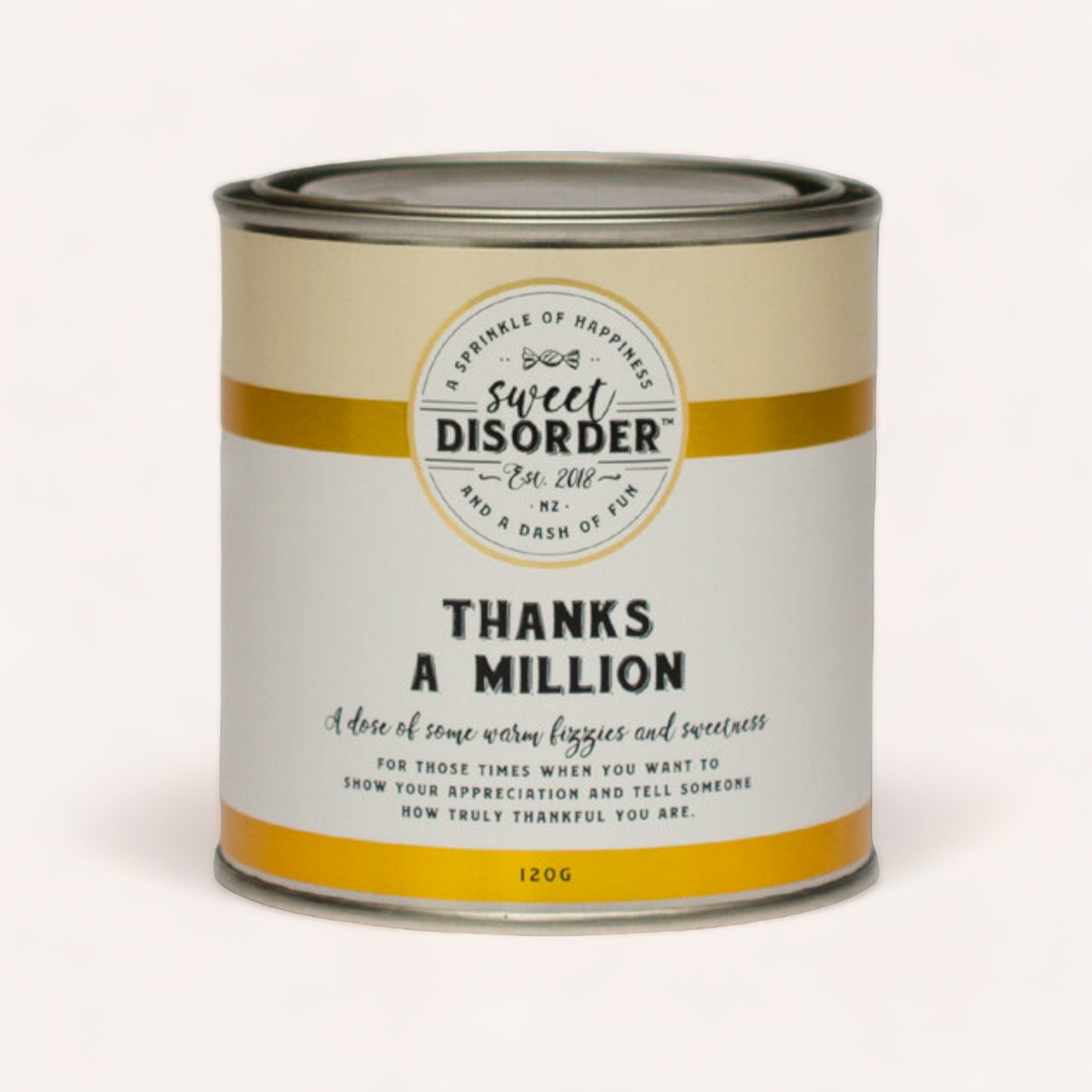 A whimsically designed can labeled "Thanks a Million Chocolates," marketed as a playful remedy with doses of gratitude, giggles, and chocolate coins by Sweet Disorder.