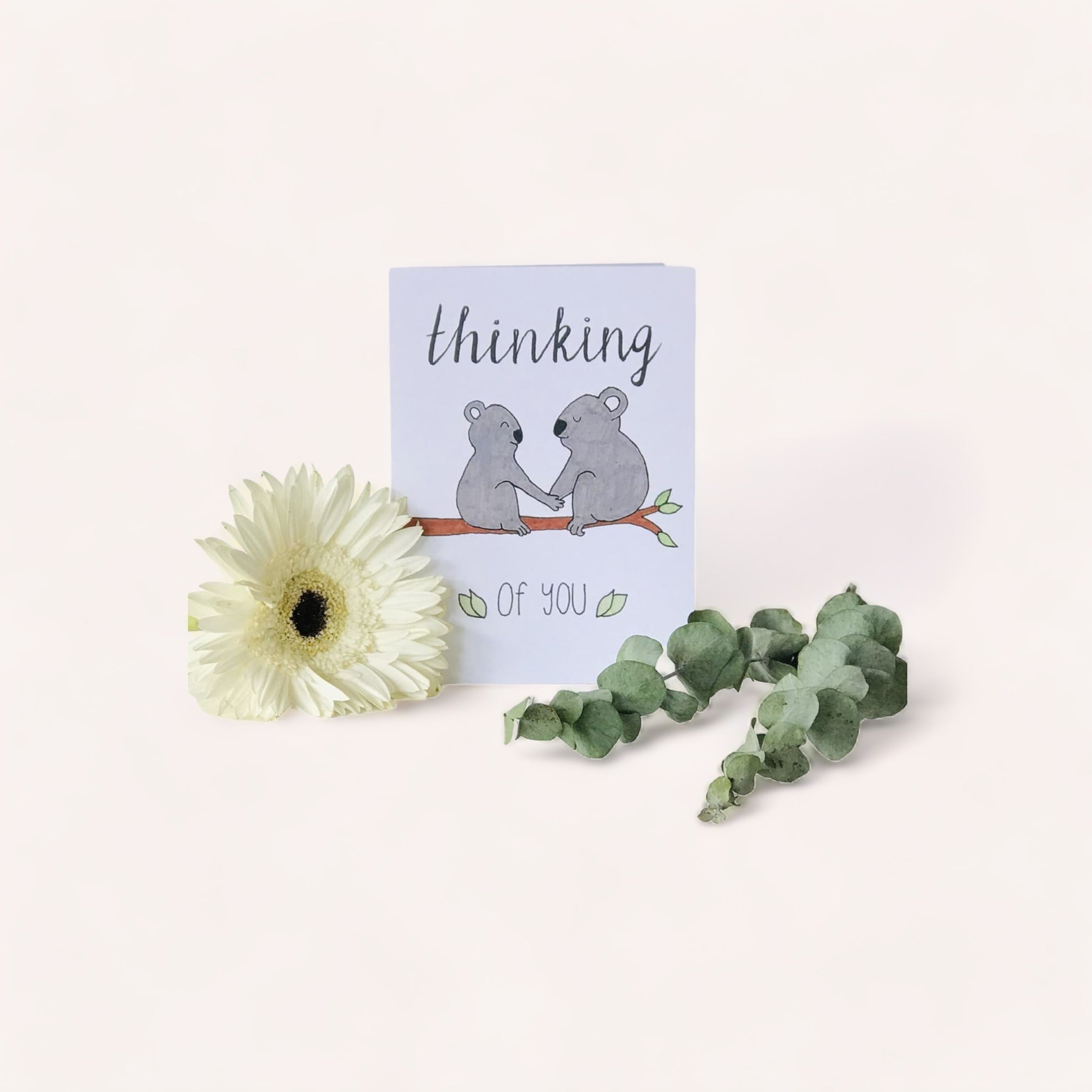A heartfelt Koala Sympathy Card from Sweet Pea Creations featuring two adorable illustrated koalas with the words "thinking of you," accompanied by a fresh white gerbera daisy and a sprig.