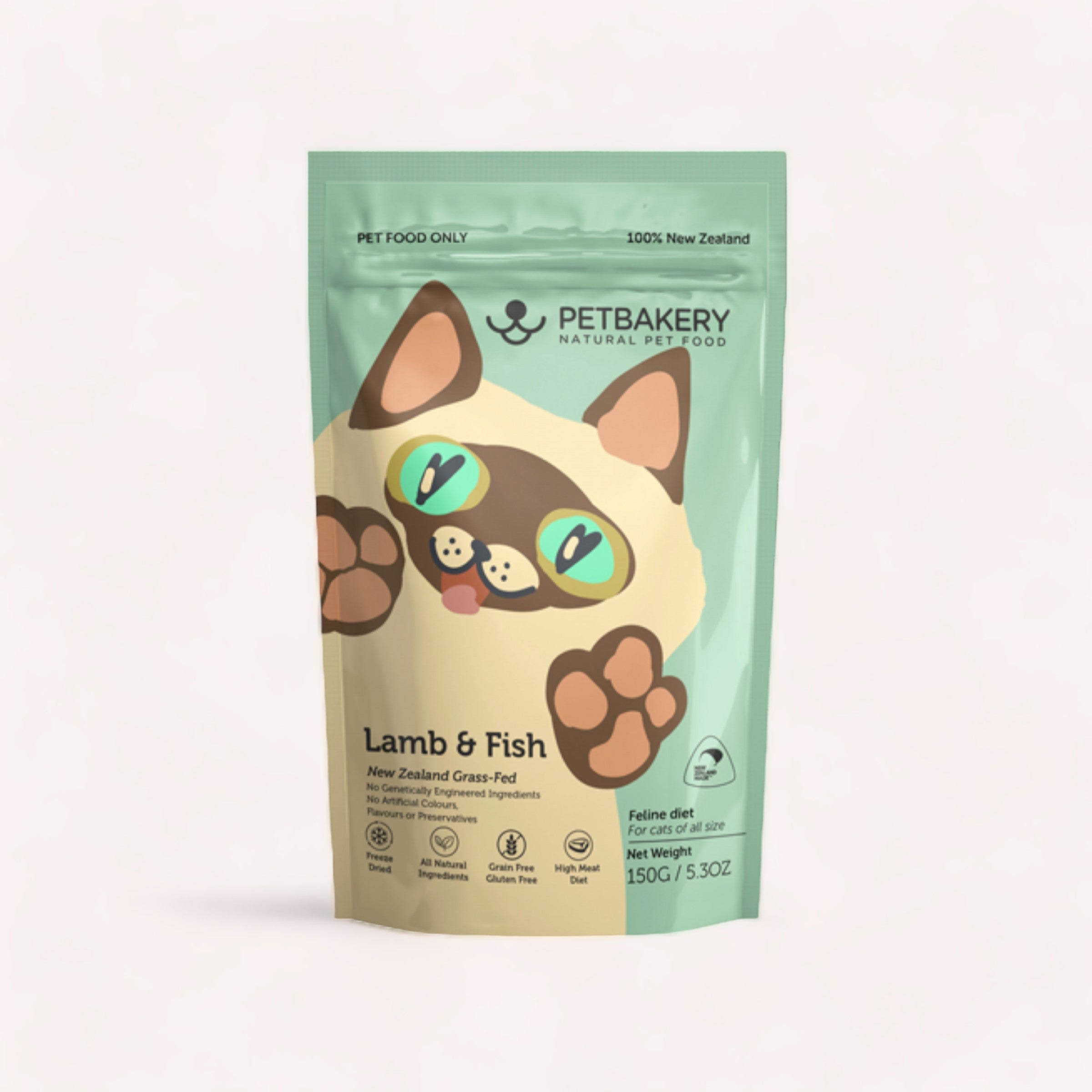 A package of Petbakery Lamb & Fish Treats with a cute cartoon cat face and paw prints, marketed as grain-free, high in Omega 3 and for feline use.