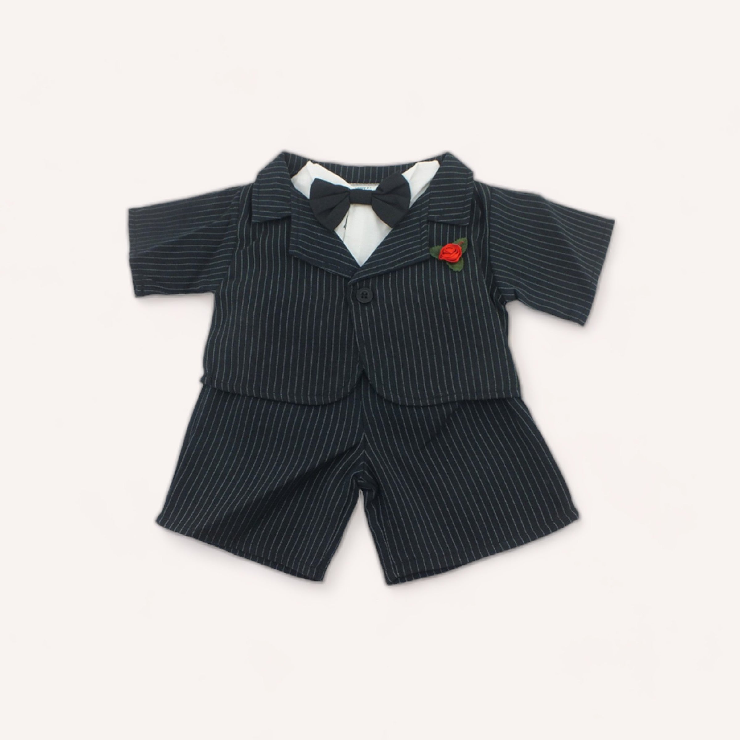 Formal pint-sized pinstripe Bear Wedding Groom Outfit with bow tie for toddlers, ready for a dapper occasion from The Teddy Factory.