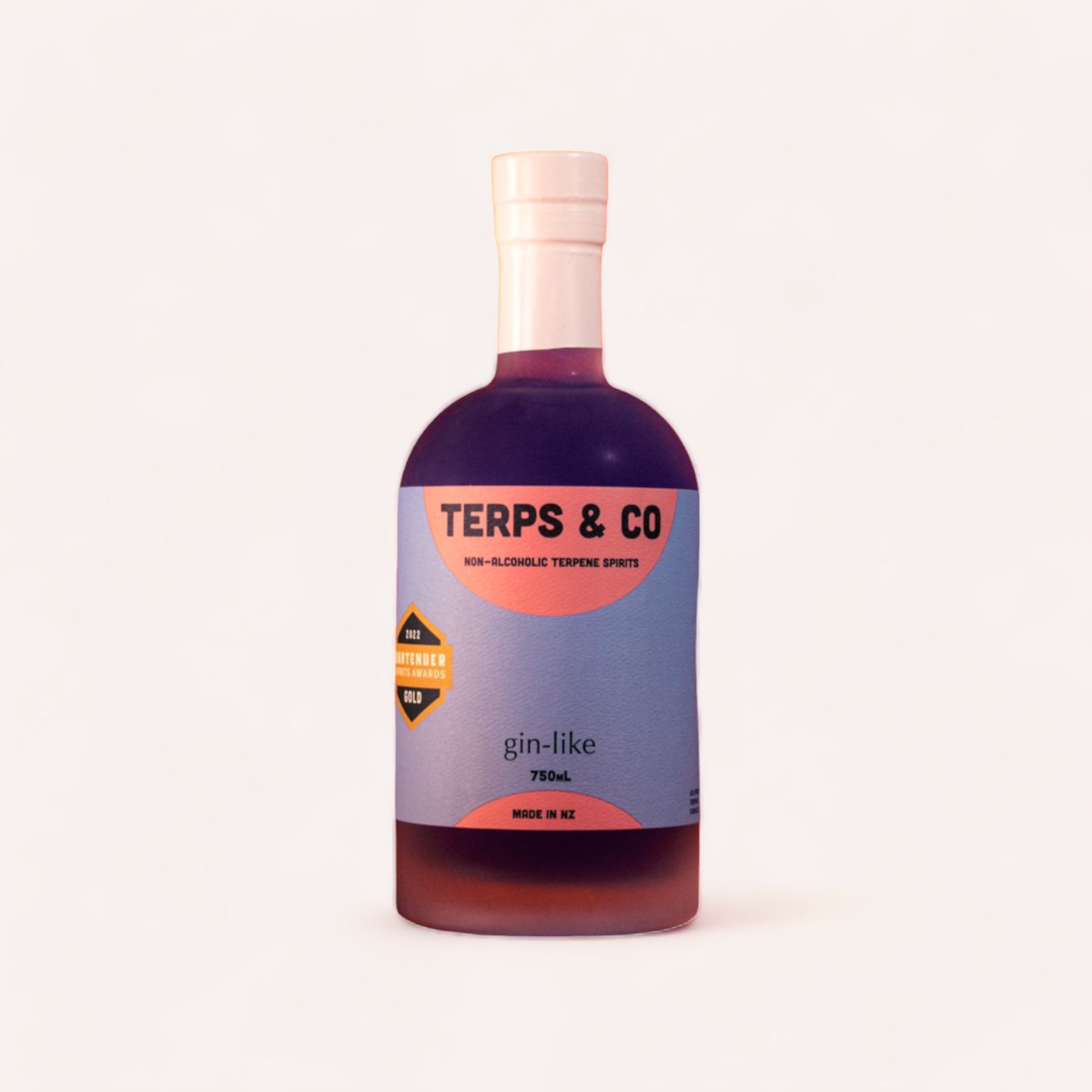 A bottle of Gin-like by Terps & Co zero alcohol gin, a botanical spirit, on a plain background.
