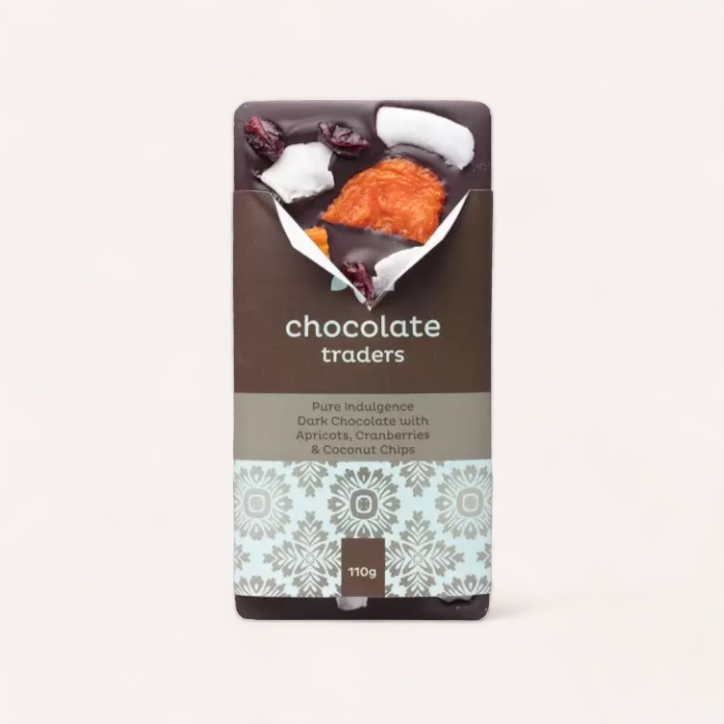 Artfully hand-crafted Pure Indulgence Apricots, Cranberries & Coconut Chips chocolate bar, presented in a stylish wrapper from New Zealand, epitomizing pure indulgence by Chocolate Traders.