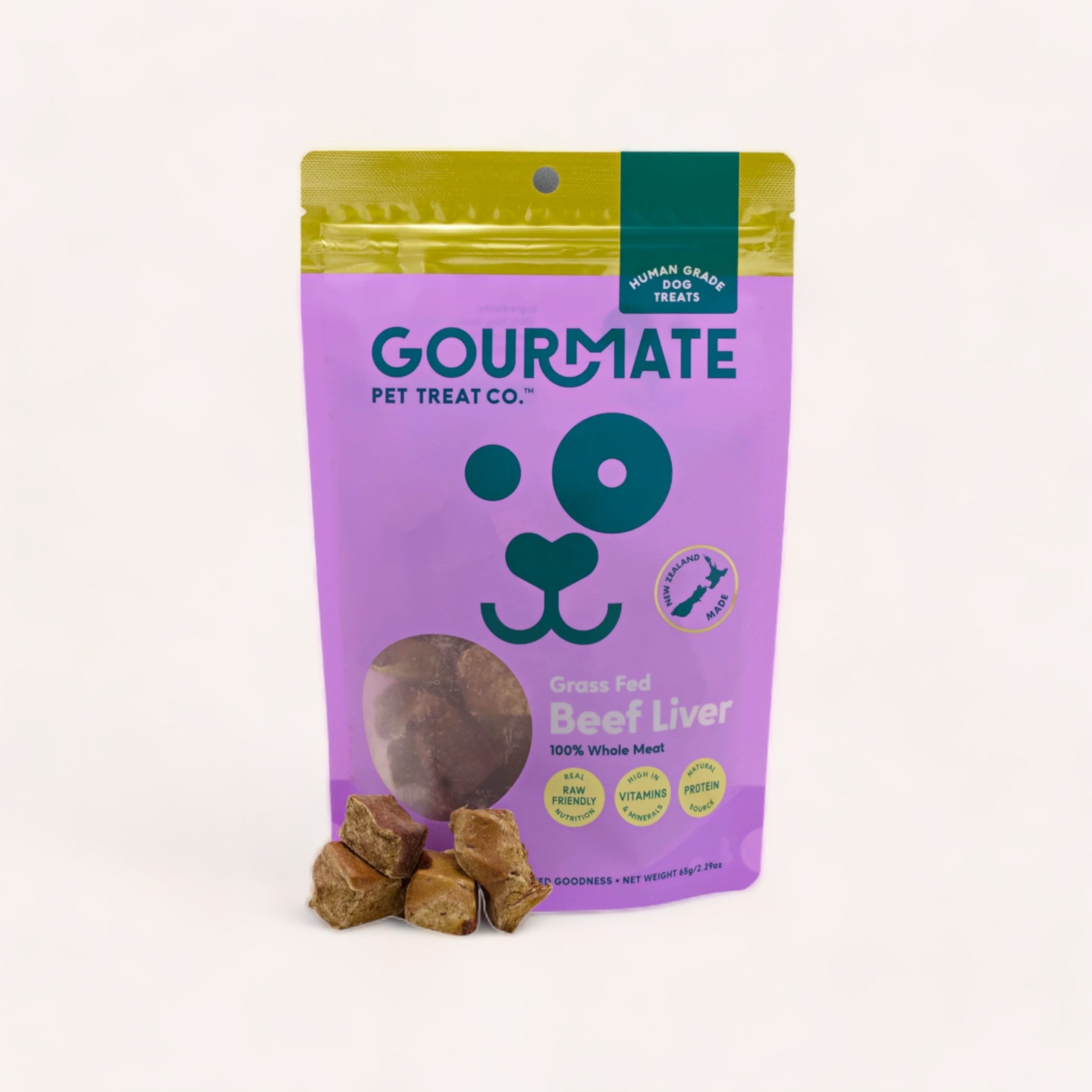 A package of Gourmate Pet Treat Co. Beef Liver Treats displayed in front of a white background, with several treats placed outside the package.