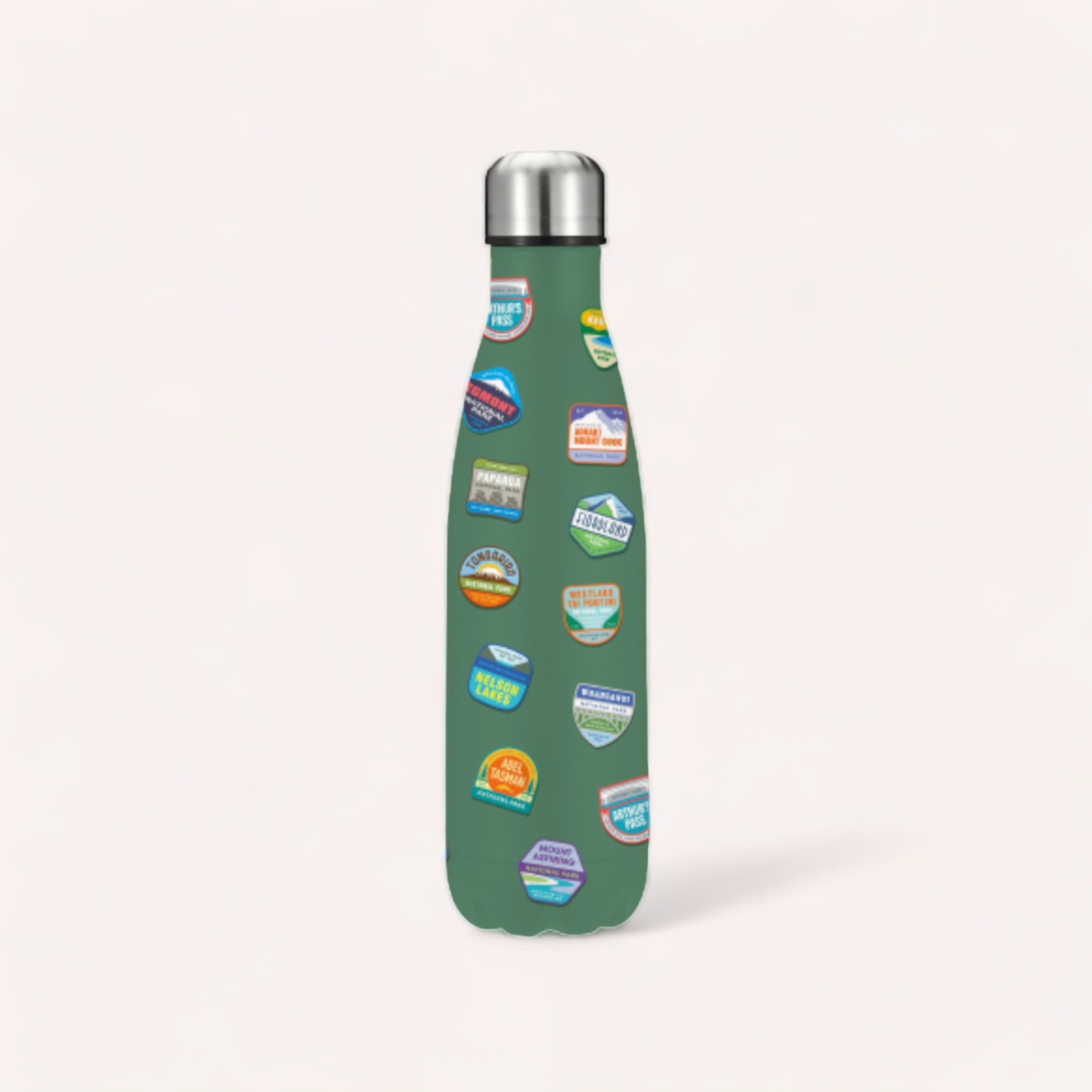 A National Parks stainless steel water bottle adorned with a variety of colorful sticker designs featuring New Zealand Parks and Glenn Jones Art against a neutral background by Glenn Jones Accessories.
