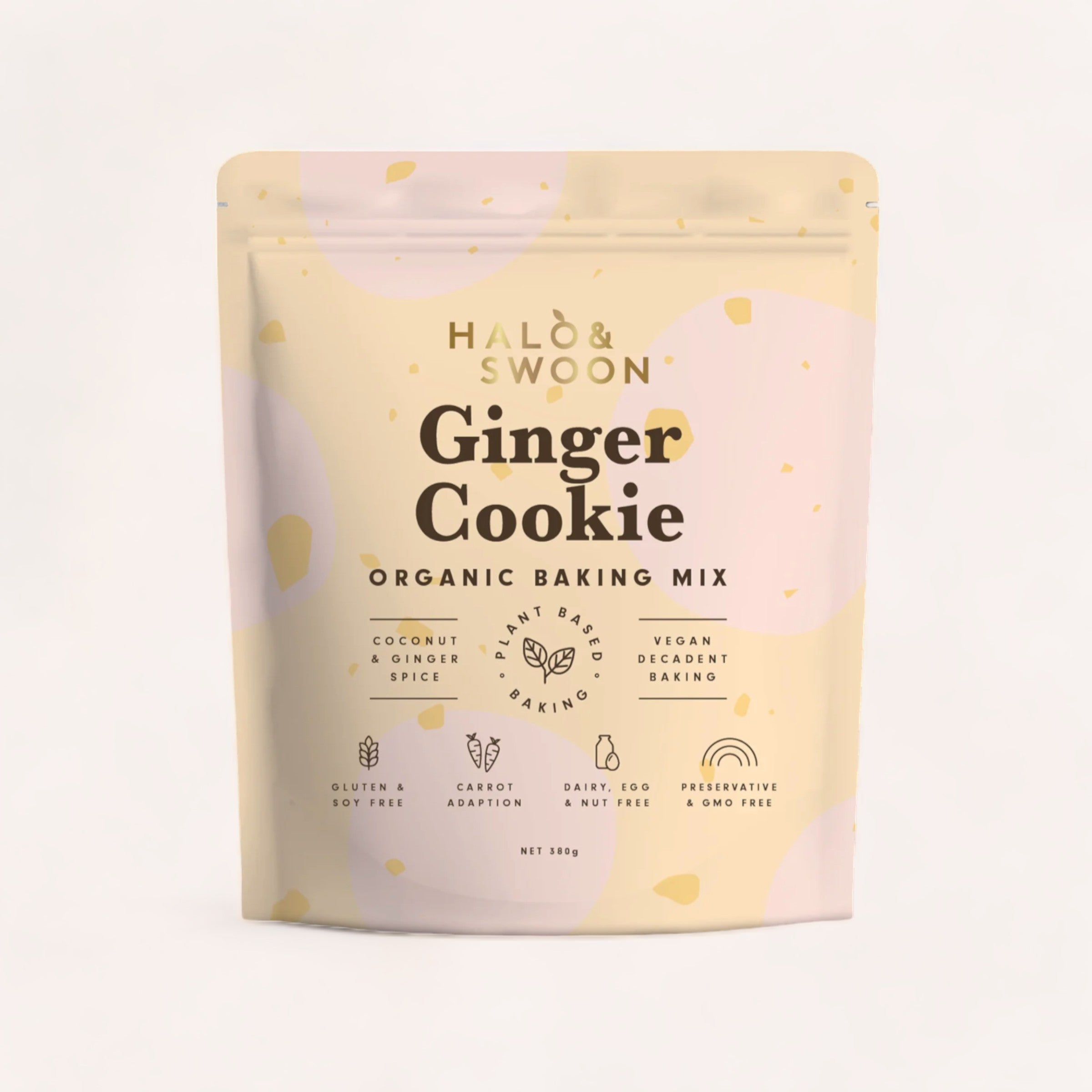 A package of Ginger Cookie Mix by Halo & Swoon organic baking mix with a pastel design indicating it is a coconut ginger spice flavor, vegan, gluten-free, dairy-free, and made without preservatives.