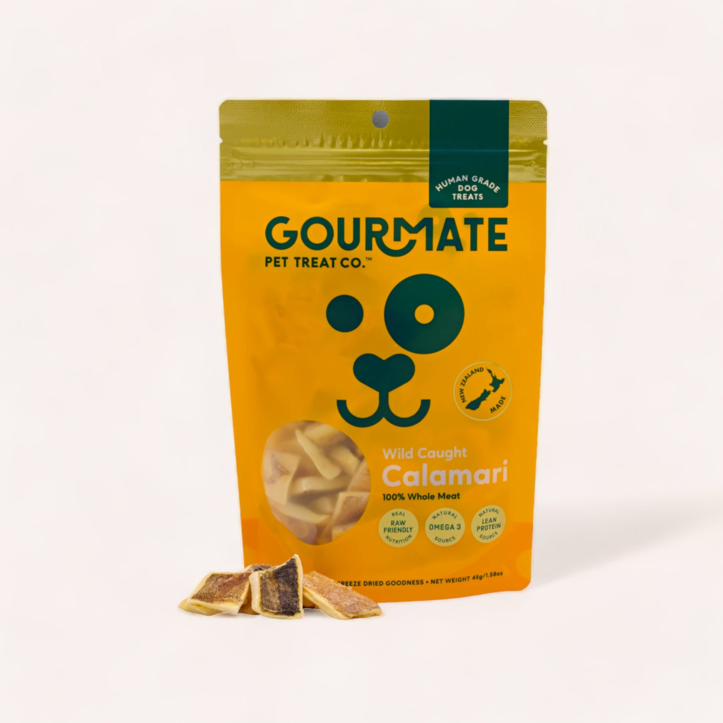 A package of "Calamari Treats by Gourmate" dog treats against a white background.