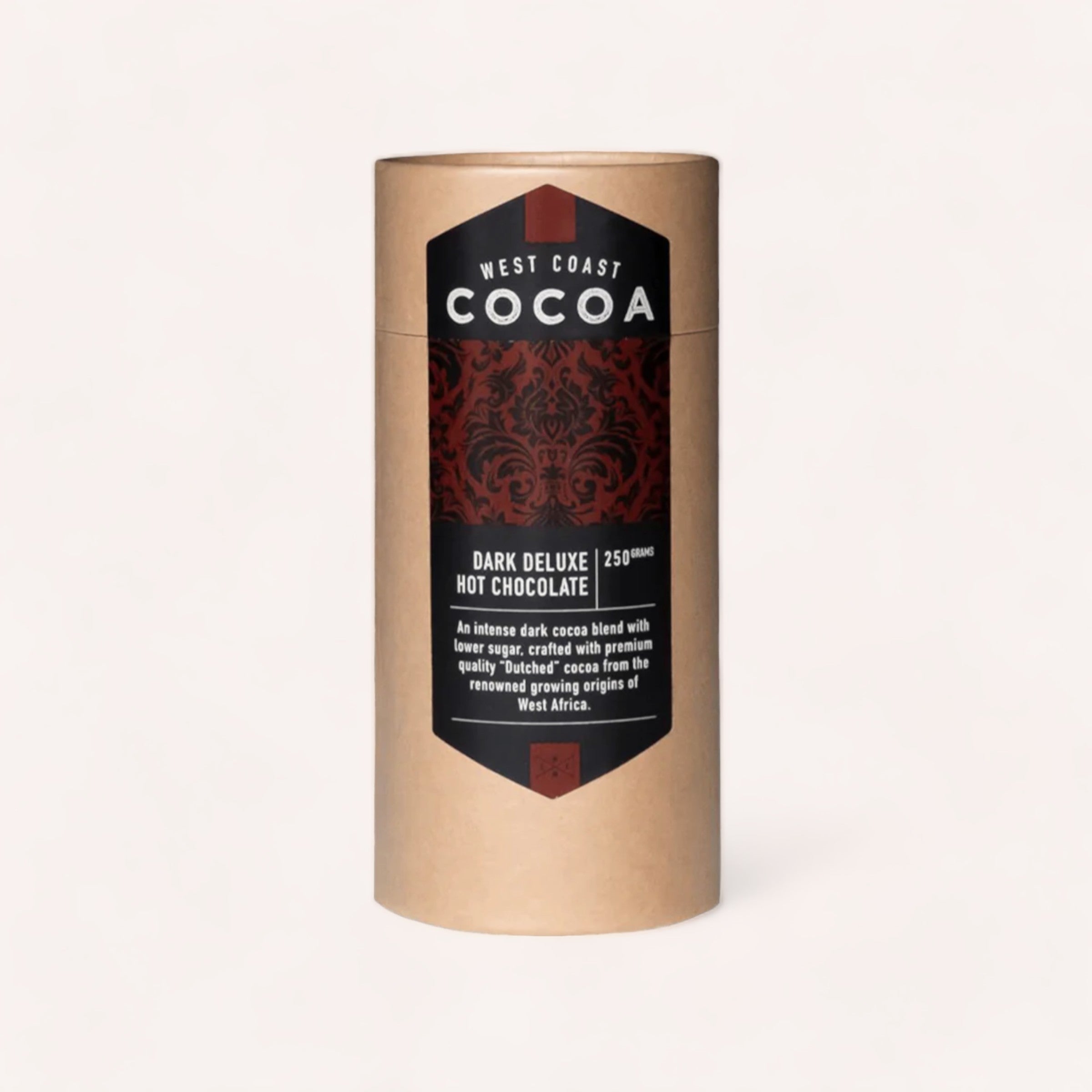 A cylindrical container of West Coast Cocoa Deluxe Dark Hot Chocolate 250g, with elegant packaging design, emphasizing its premium quality cocoa blend sourced from West Africa.