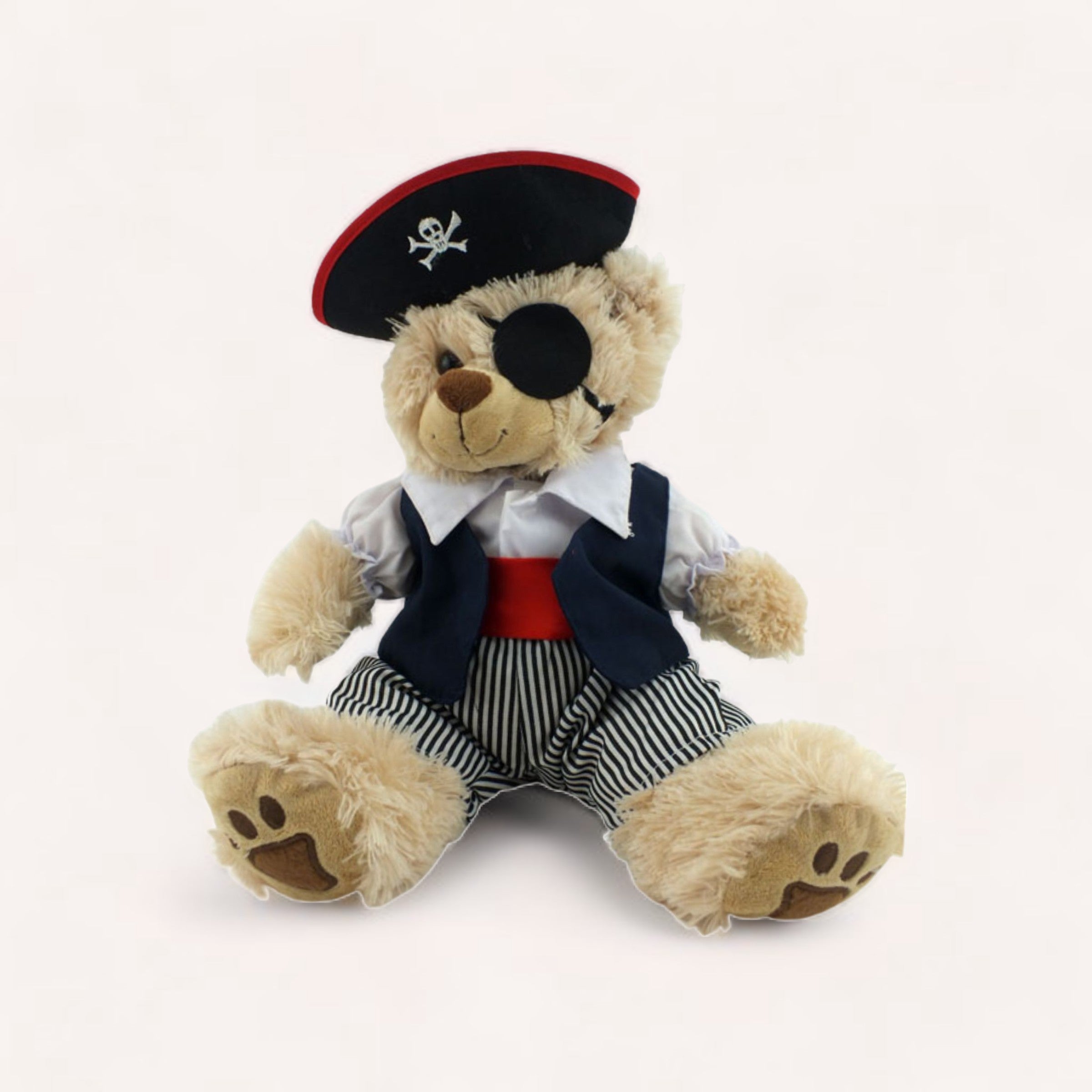 A plush teddy bear dressed in a Pirate Bear Outfit by The Teddy Factory, complete with a hat with a skull and crossbones, sitting against a white background.