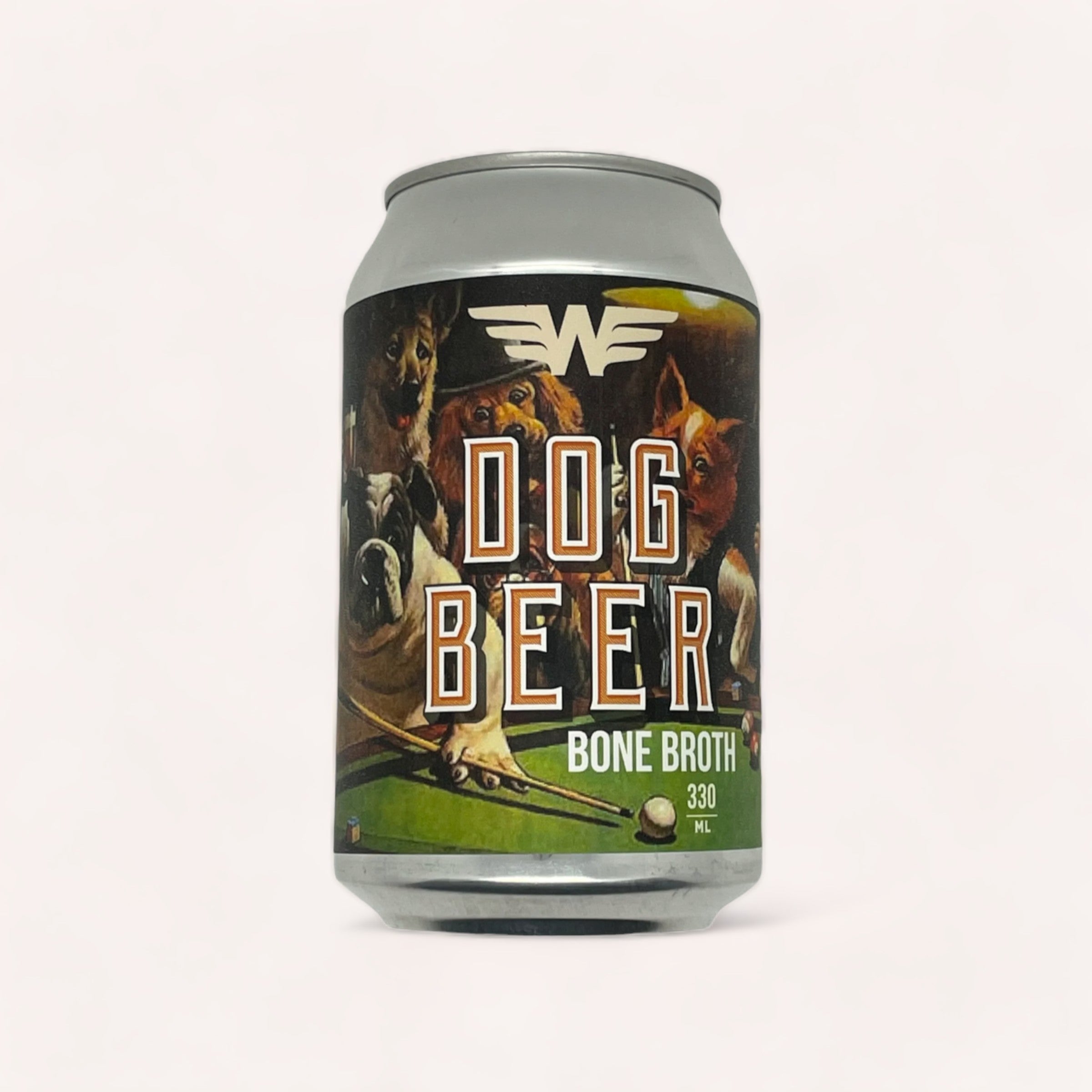 A can of "Dog Beer" by Wigram Brewing Co, featuring images of dogs on the label, marketed as a dog bone broth beverage for canine consumption, product of New Zealand.