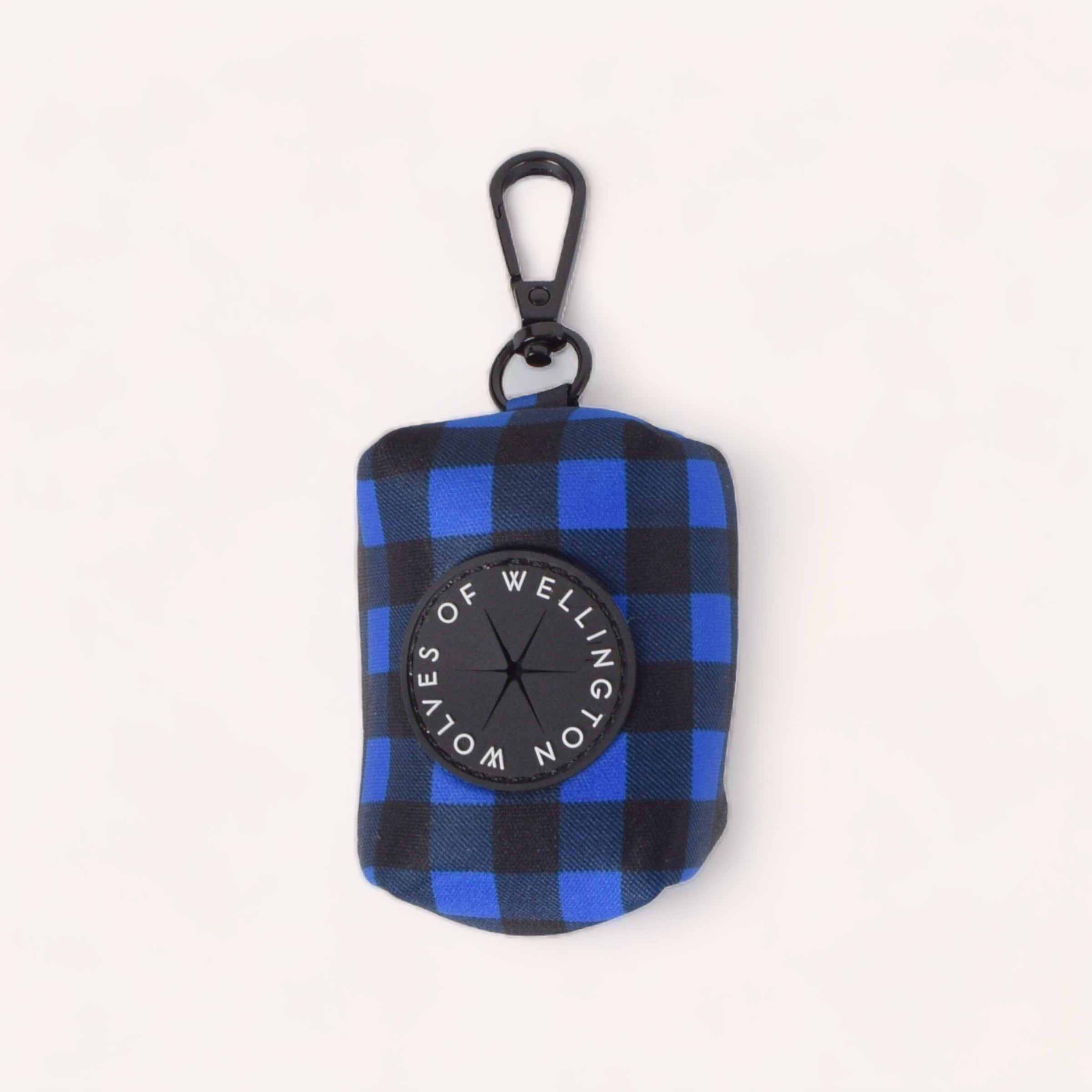 A portable Luey Poop Pouch by Wolves of Wellington with a zipper and a circular logo in the center, designed to attach to a dog lead, comes with spaces for your essentials and dog poop bags.