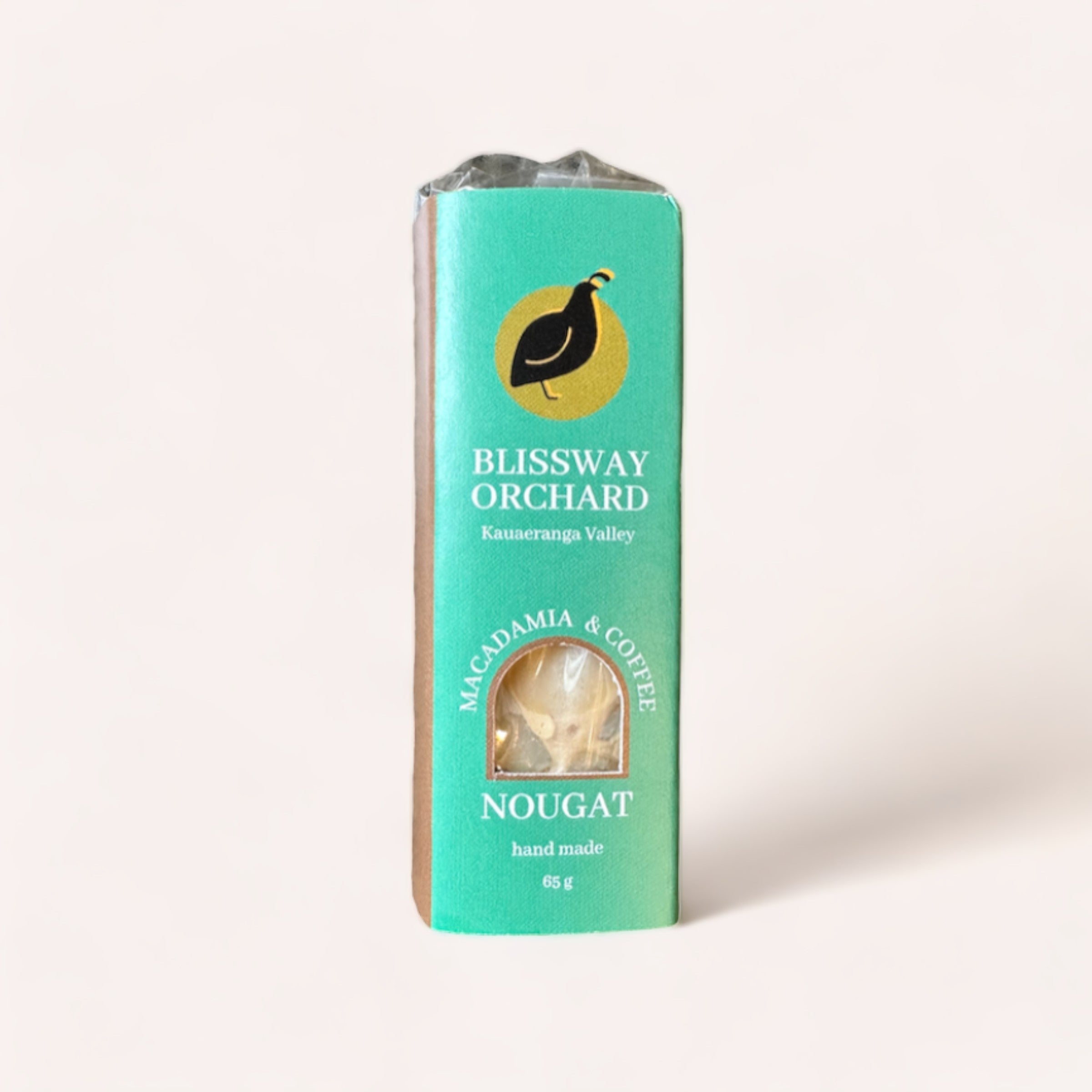 A pack of Macadamia & Coffee Nougat by Blissway Orchard with a light background.
