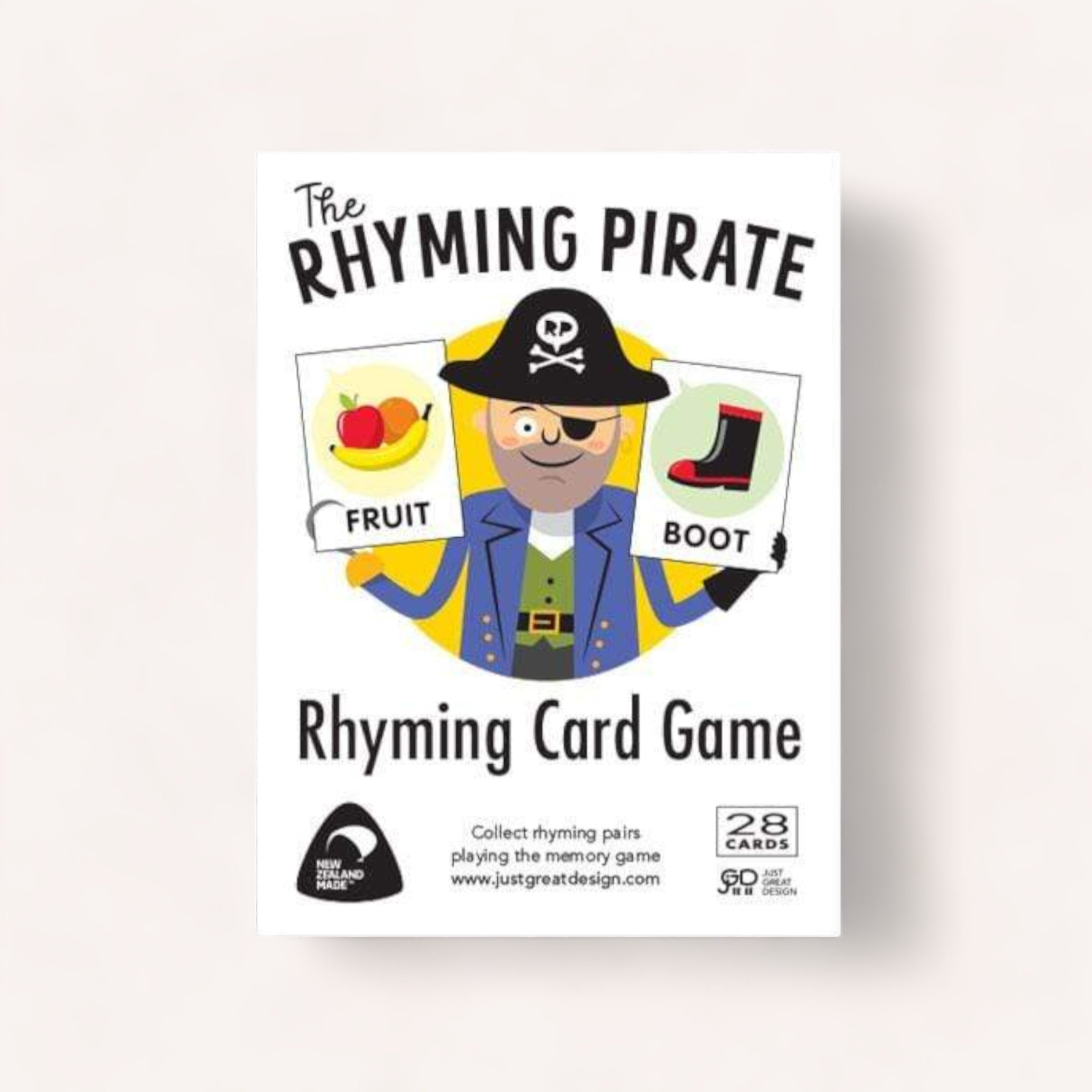 A colorful and playful packaging design for the 'Rhyming Pirate Flash Cards' memory card game by Glenn Jones Accessories, featuring an illustration of a cheerful pirate and examples of rhyming objects, 'fruit' and 'boot.'