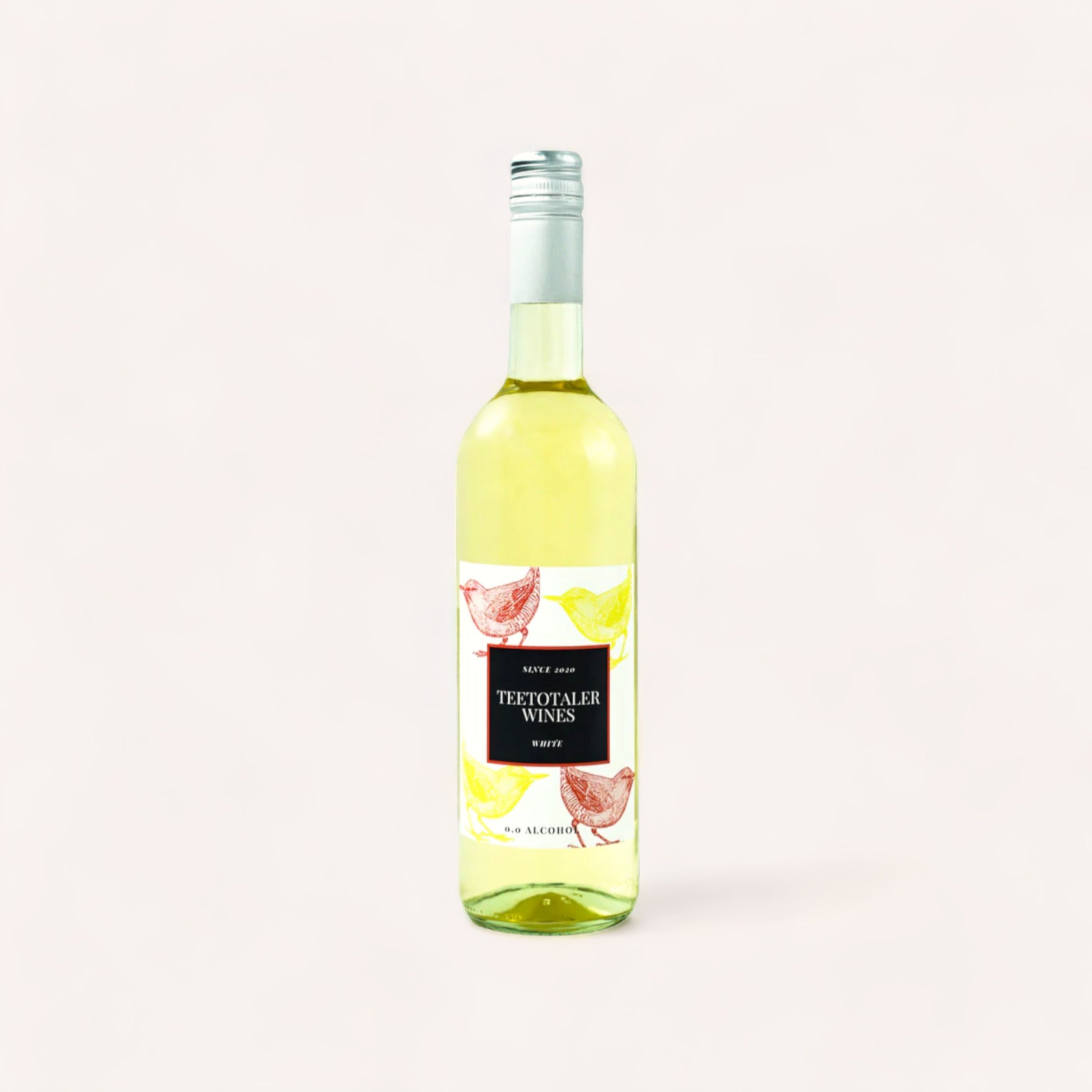 A bottle of Teetotaler Airen grape white wine with a label that features bird illustrations, centered on a clean, neutral background.