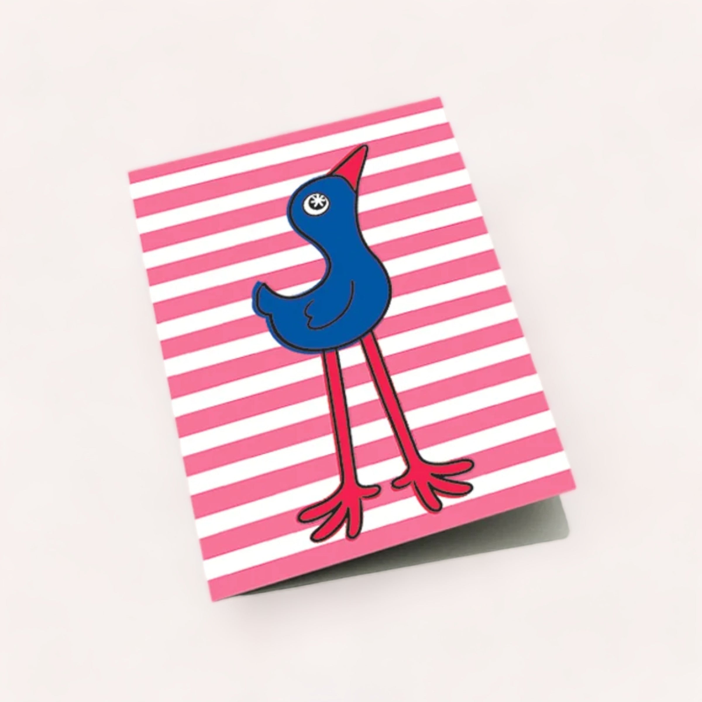A playful illustration of a Pukeko Buddy on a pink and white striped background, adorning a quirky greeting card or notebook cover, part of a multibuy Design by Leonard selection.