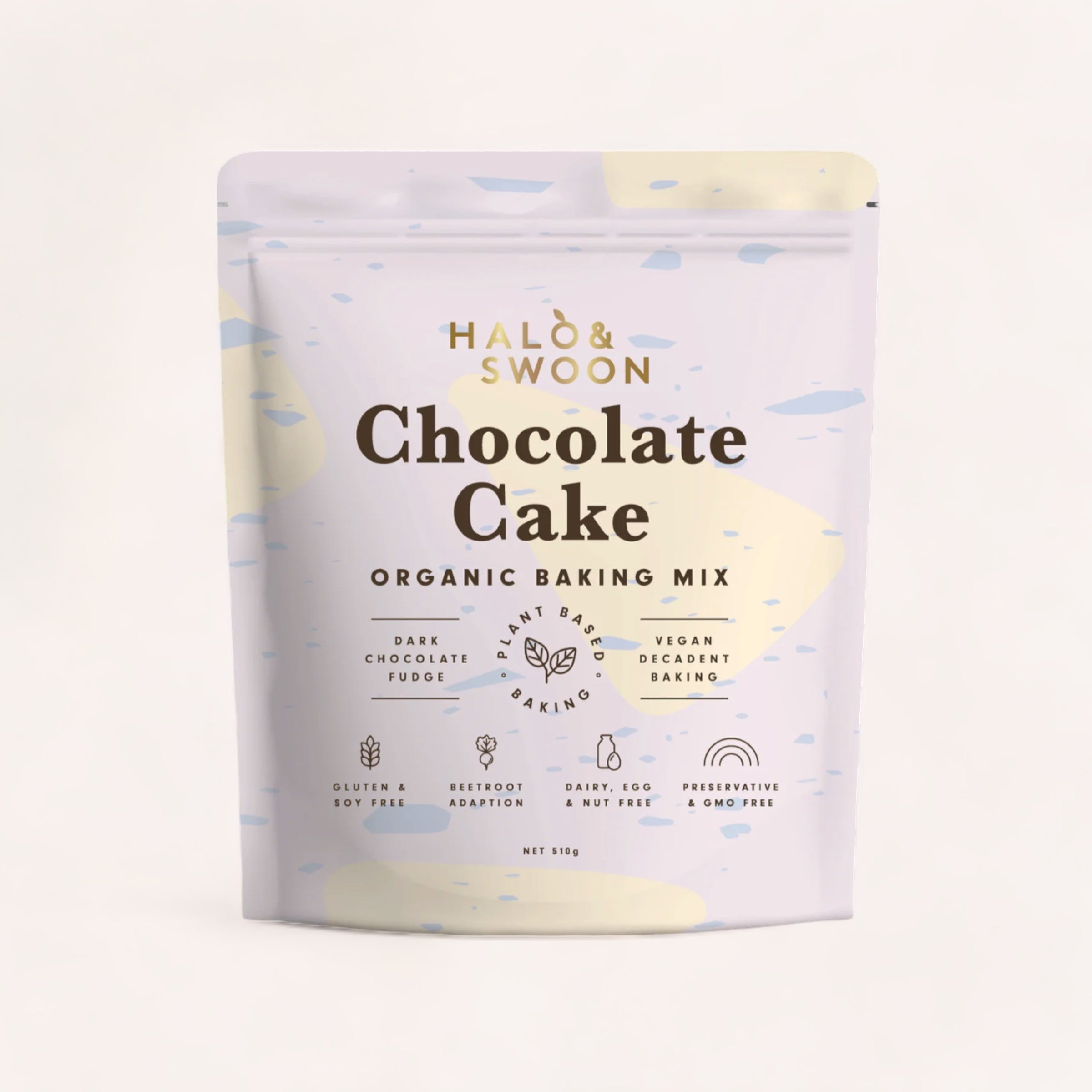 Halo & Swoon Chocolate Cake Mix organic baking mix package with a minimalist and clean design, highlighting features like "vegan," "gluten-free," "no soy lecithin,