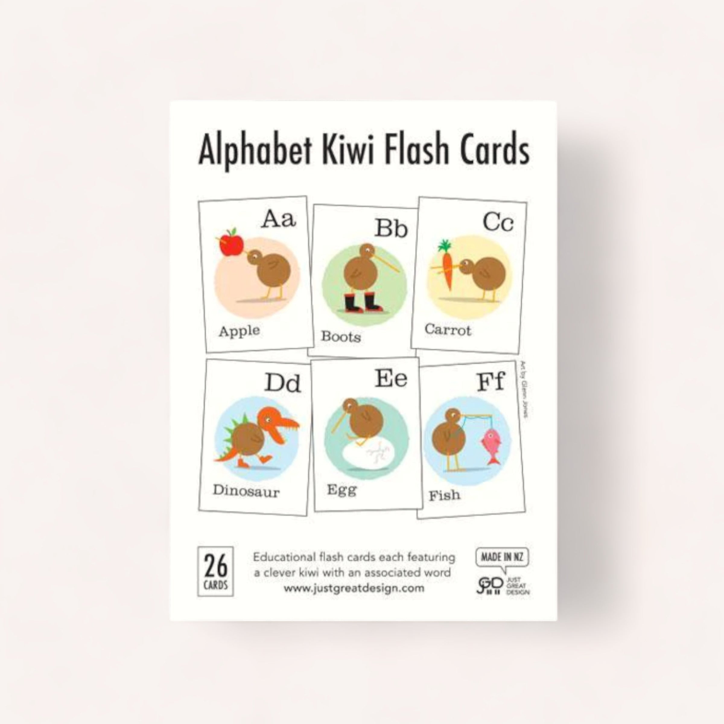 ABC Flash Cards featuring Glenn Jones Accessories with adorable Kiwi character illustrations, showcasing letters a to f with corresponding words: apple, boots, carrot, dinosaur, egg, and fish.