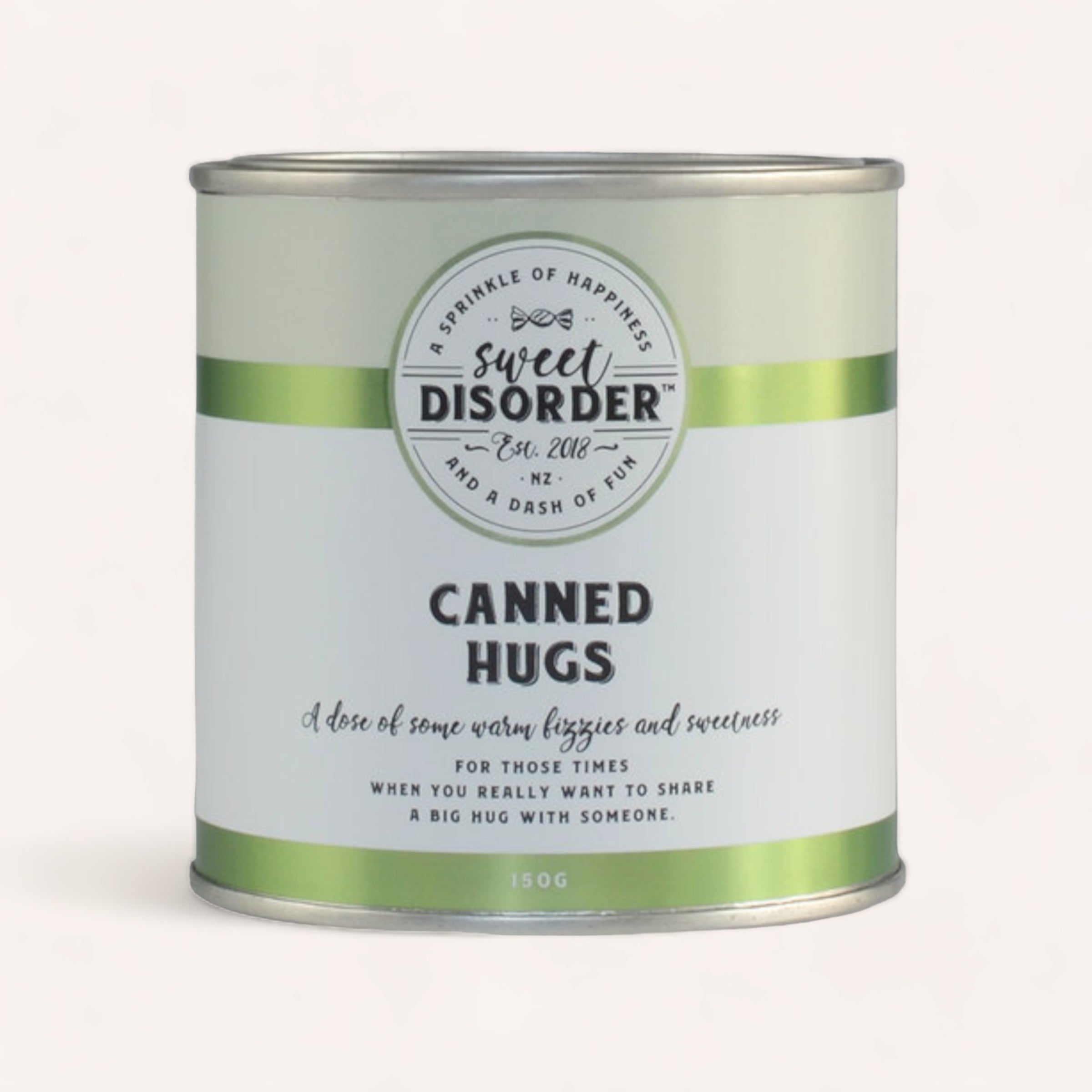 A can labeled "Sweet Disorder Canned Hugs," designed to symbolize warmth, fuzziness, and containing New Zealand sour gummy hug shaped fruit rings, intended as a cute and light-hearted gift for those.