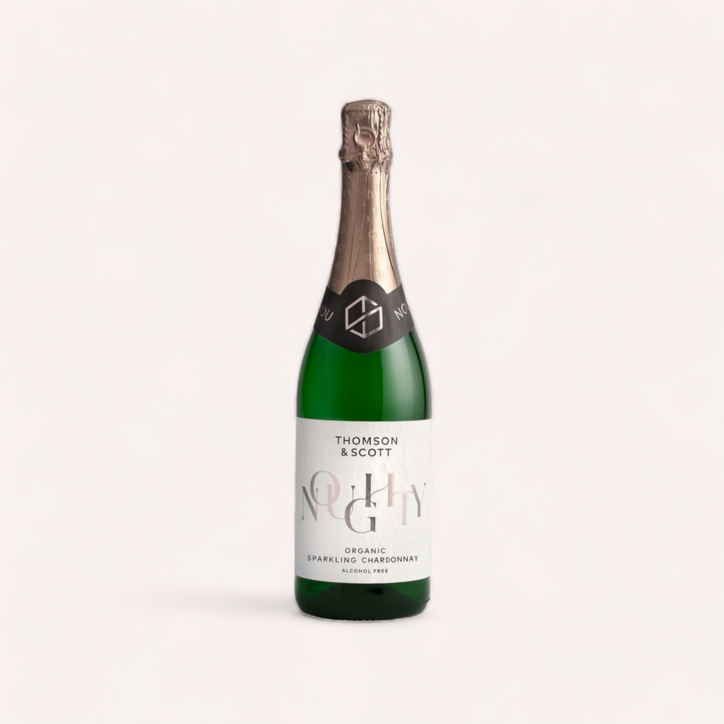 A single bottle of Thomson & Scott Noughty Sparkling Chardonnay organic vegan halal Zero Alcohol wine displayed against a clean, neutral background.