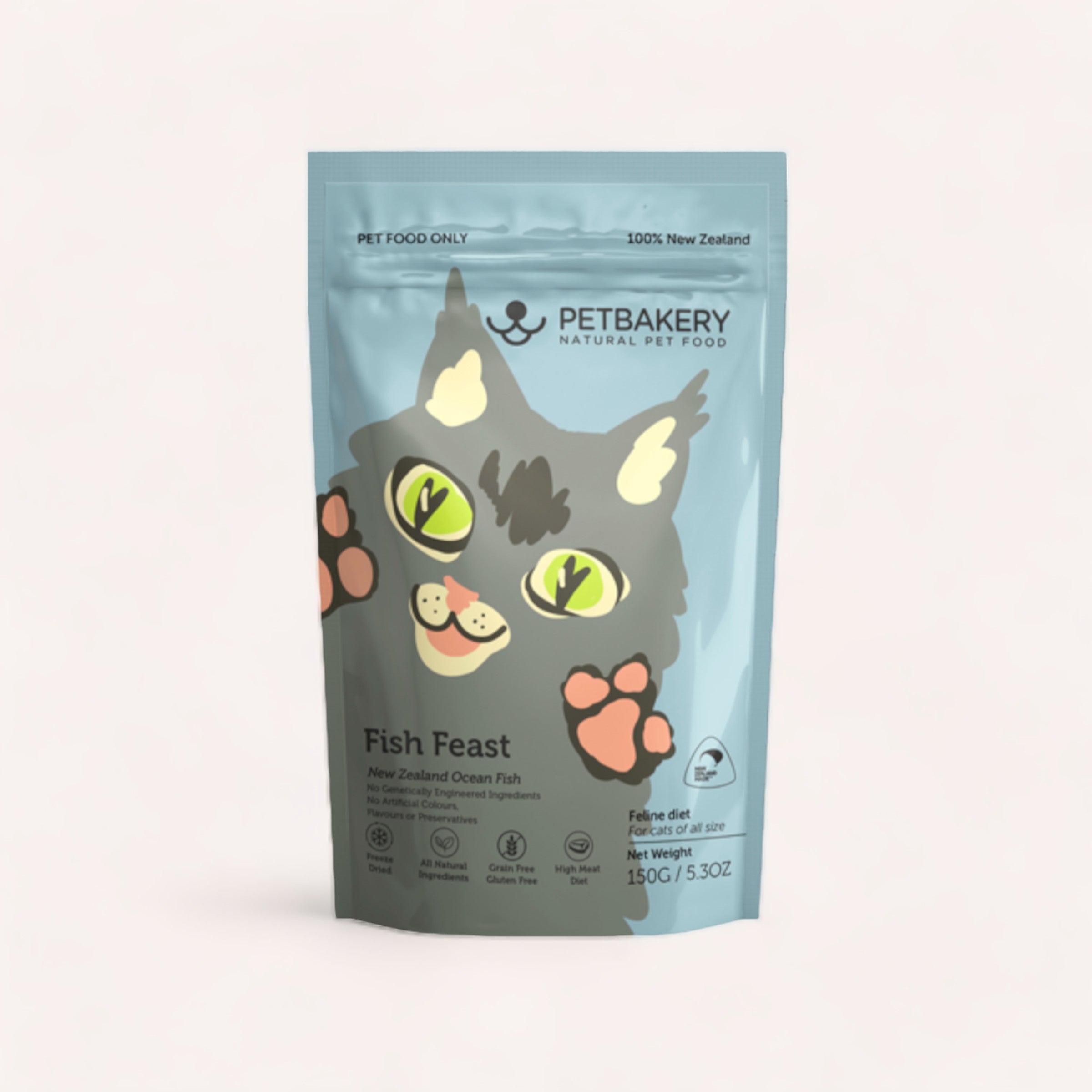 A package of "Fish Feast Treats by Petbakery" with an illustration of a cat's face and fish, highlighting New Zealand ocean fish as the ingredient, placed against a neutral background.
