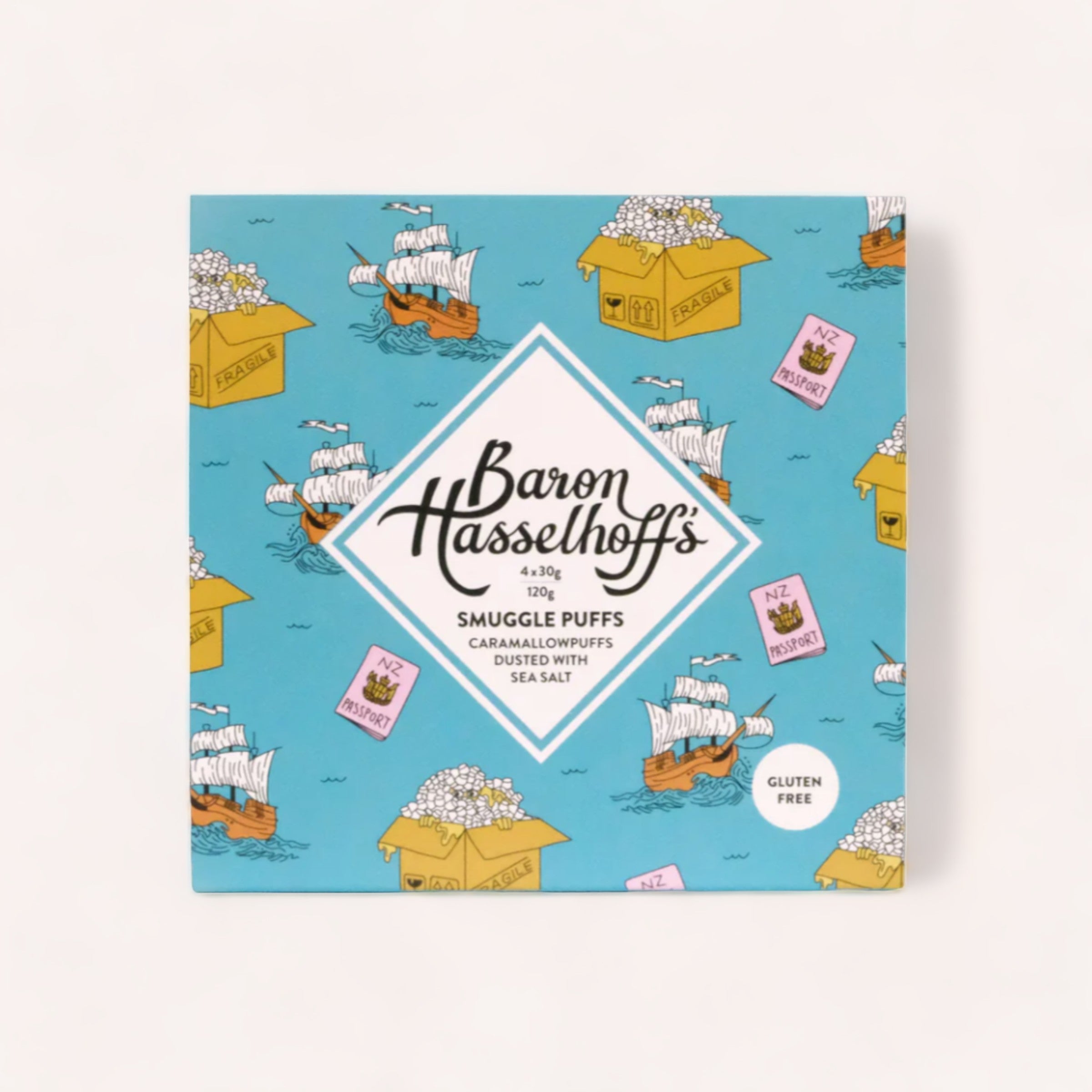 A square snack package featuring a whimsical sea-themed illustration. It's labeled "Salted Caramel Mallow Puffs by Baron Hasselhoff's," with indications of being gluten free and flavored with salted caramel.