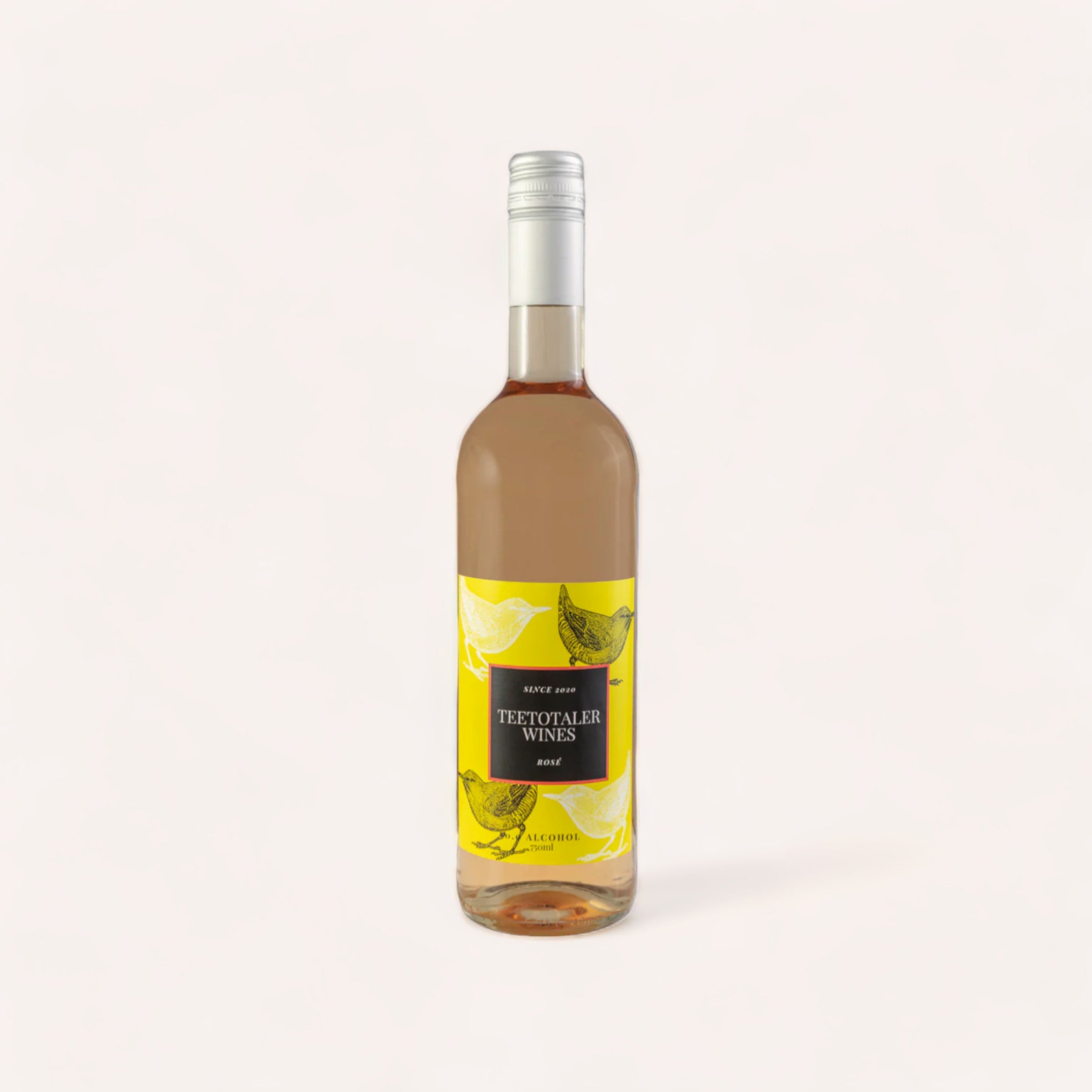 A bottle of Teetotaler Rose Wine with a yellow label featuring illustrations of birds, placed against a neutral background.