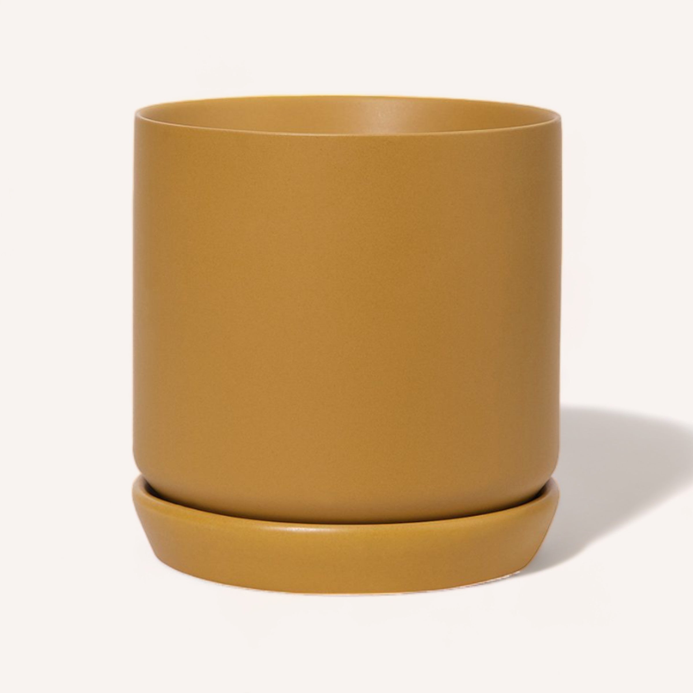 A simple yet elegant Oslo Planter by PottedNZ in mustard color stoneware with a matching saucer, isolated on a white background.