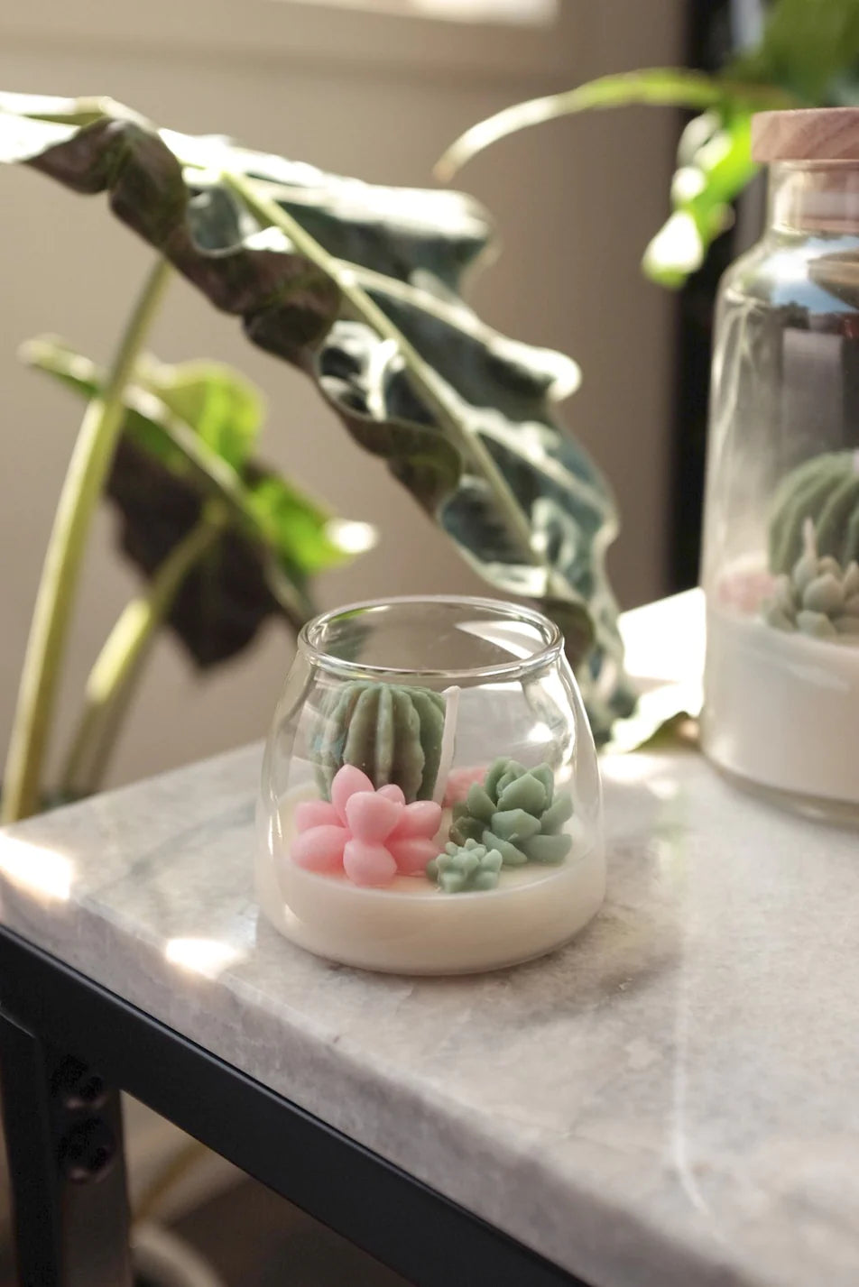 A serene corner with a Judean Desert Mini Terrarium Candle showcasing a selection of delicate succulents and a vibrant pink flower, all bathed in the soft glow of natural light beside the elegant greens of a larger Faith & Joy candle.