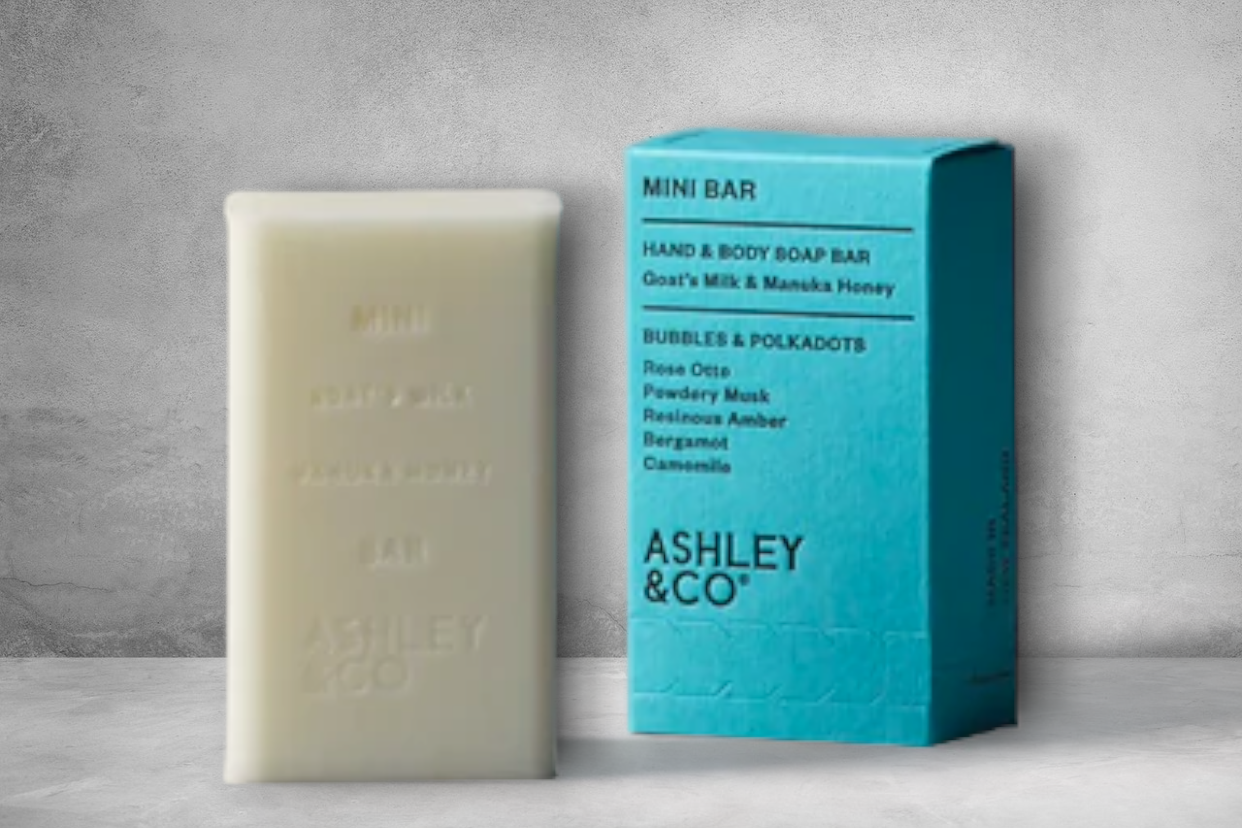 A Bubbles & Polkadots Mini Bar of soap next to its vibrant blue packaging, highlighting the natural ingredients and scents offered by the Ashley & Co brand, featuring Manuka and goats milk.