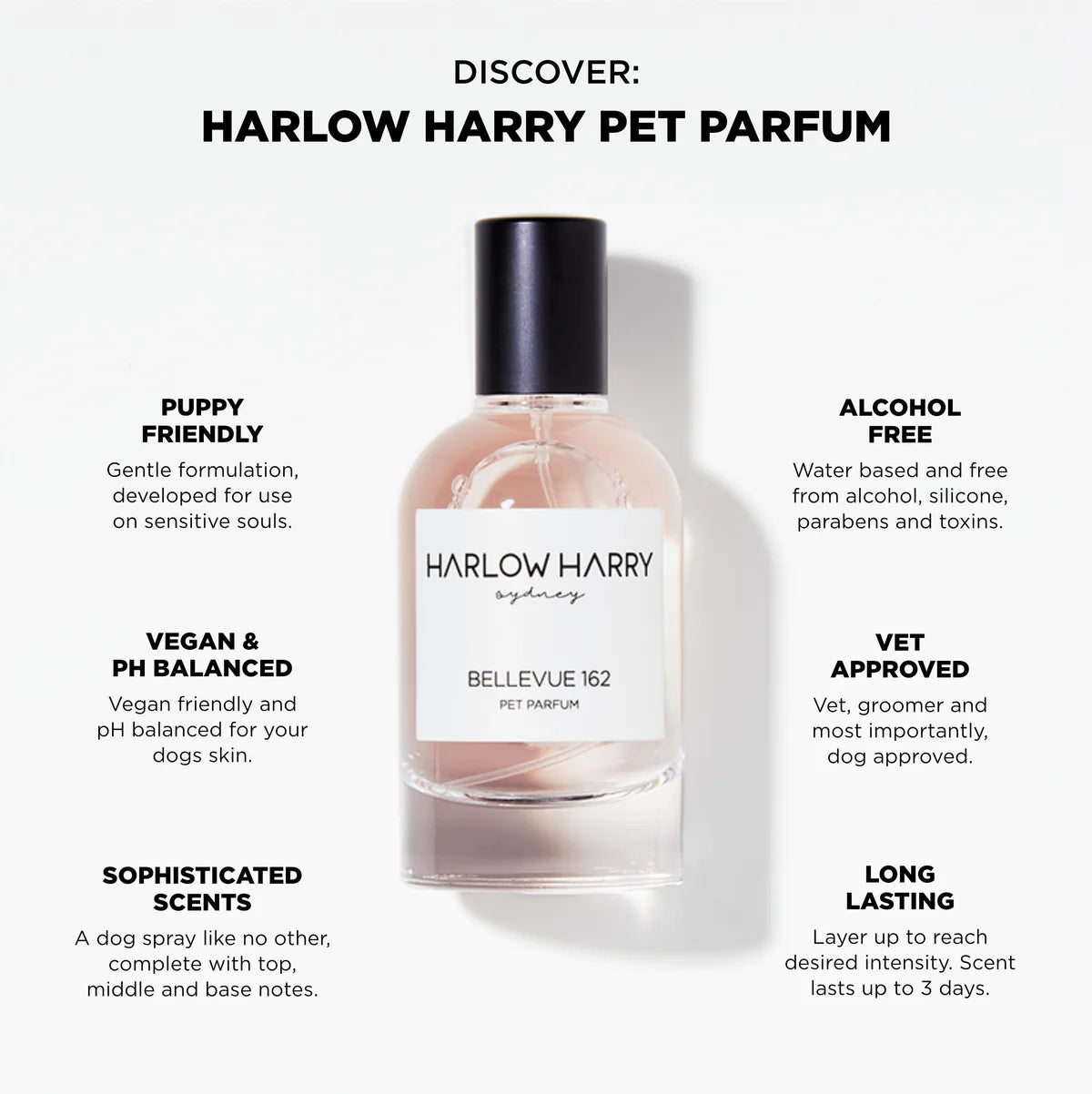 A sleek bottle of Bellevue 162 Dog Perfume by Harlow Harry sits at the center, promoting its gentle, alcohol-free, vegan, ph balanced, and long-lasting qualities, tailored for a pet's skincare needs and presented