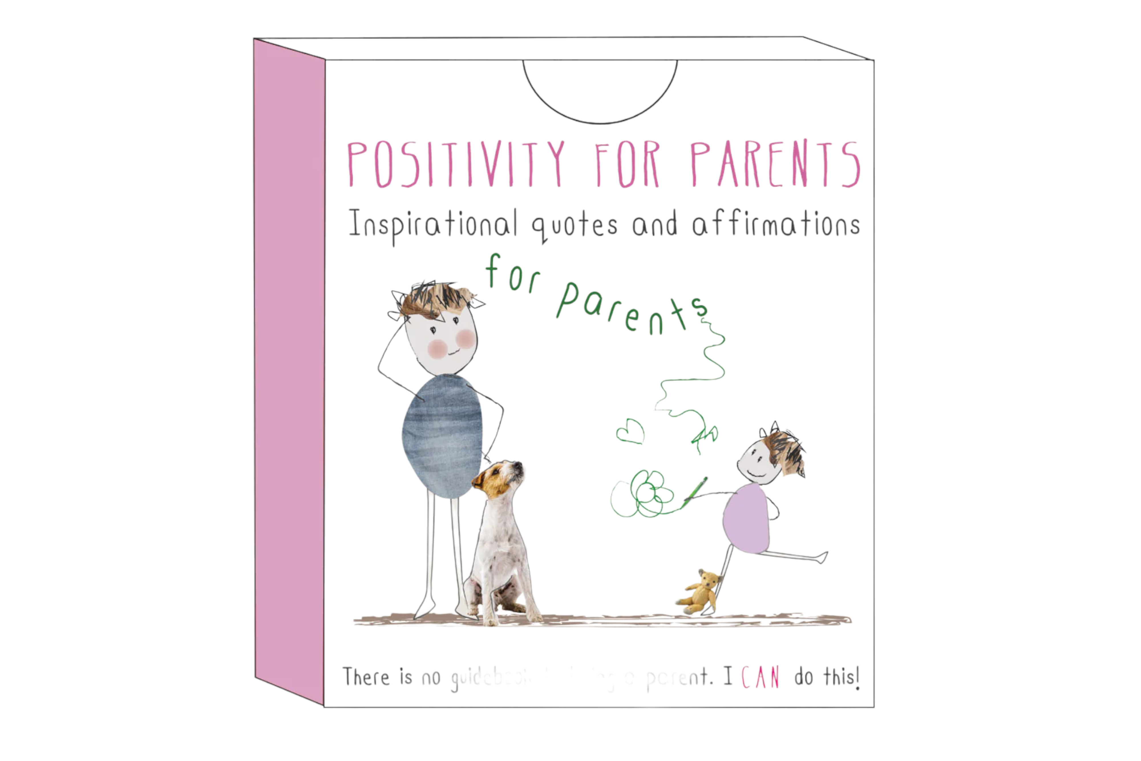 A book titled "Positivity for Parents - Positivity Pack," featuring whimsical illustrations of a parent with a baby, a playful dog, and a little girl drawing on a wall, with an uplifting message at the bottom by icandy.