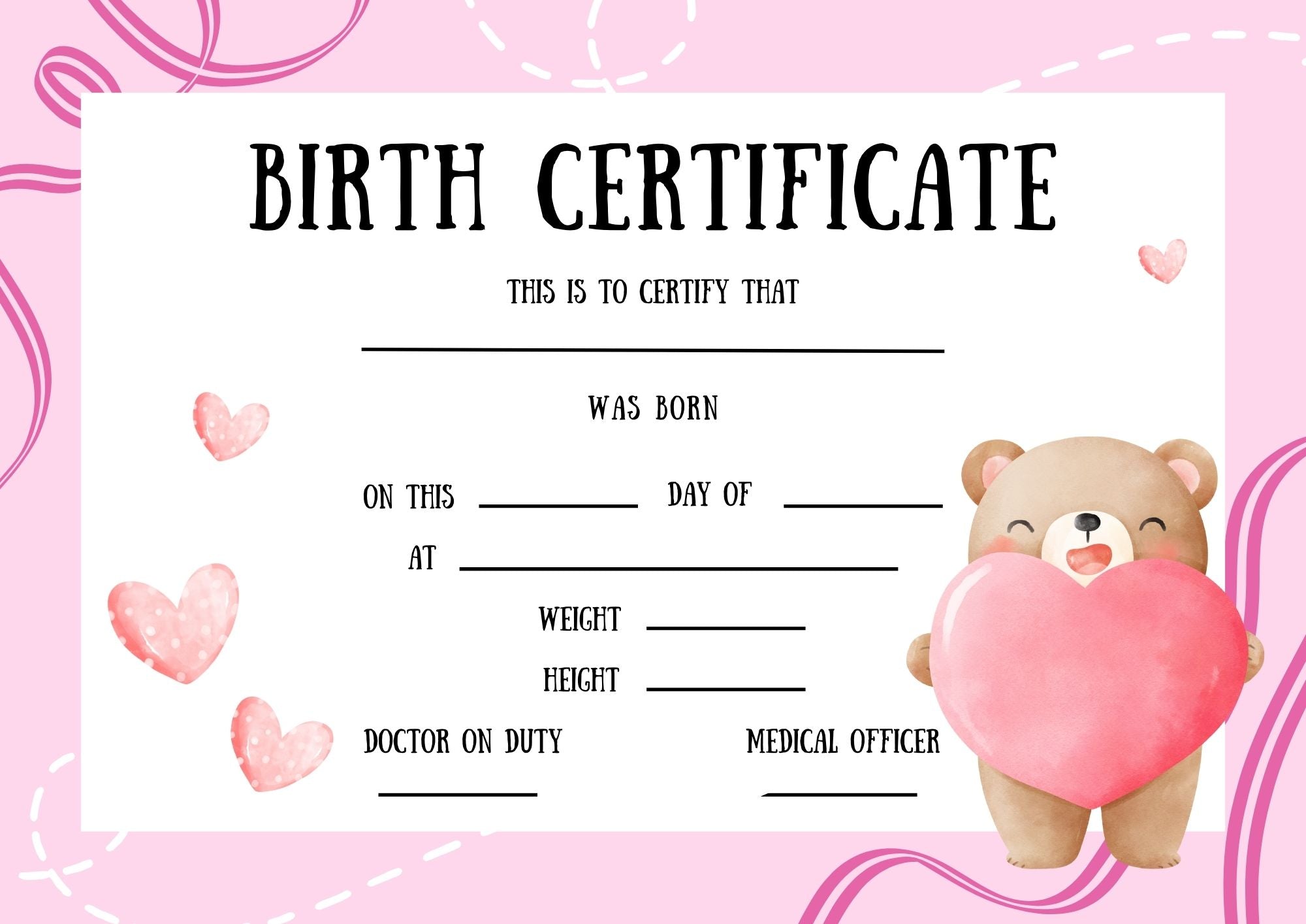 A playful and cute birth certificate template featuring a Brown Patches Bear from The Teddy Factory holding a heart, with spaces for personal details against a pink and white background with heart accents.