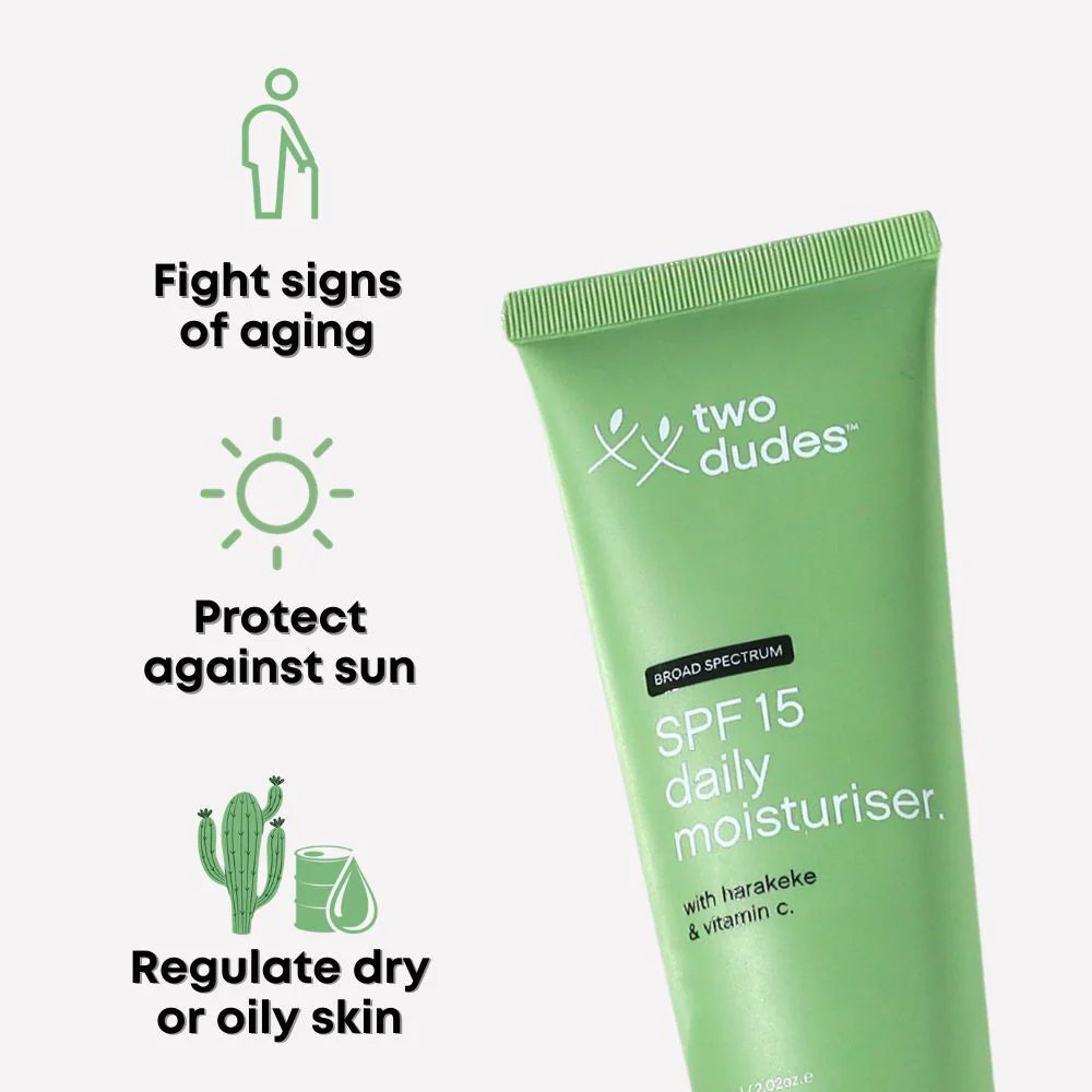 A skincare advertisement featuring a tube of SPF15 Daily Moisturiser by Two Dudes, highlighting benefits such as fighting signs of aging, sun protection, and regulating dry or oily skin, complemented.