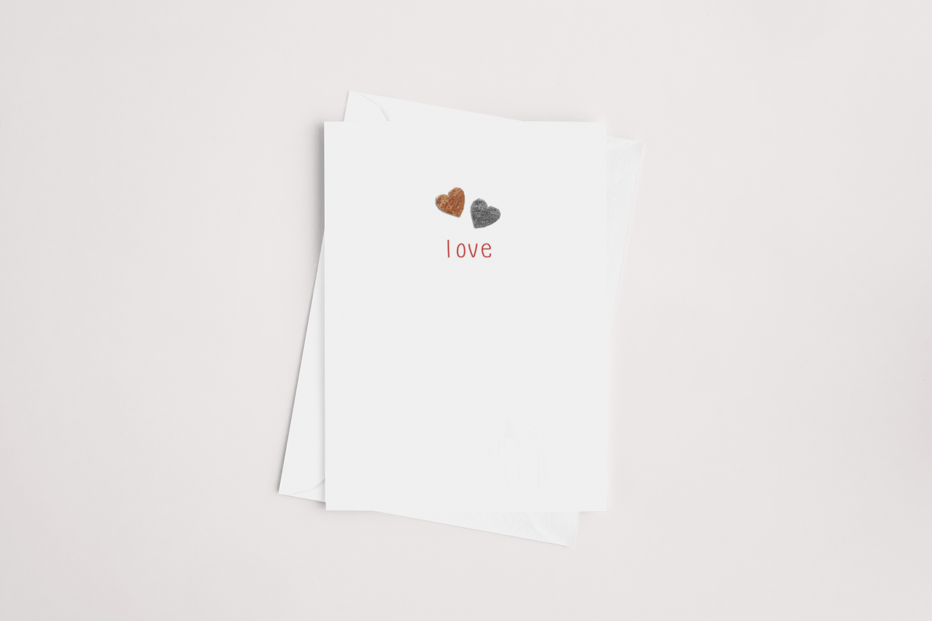 A minimalist icandy Love Card with a simple design featuring the word "love" in lowercase letters, flanked by two small heart-shaped elements on a white background, product of New Zealand.