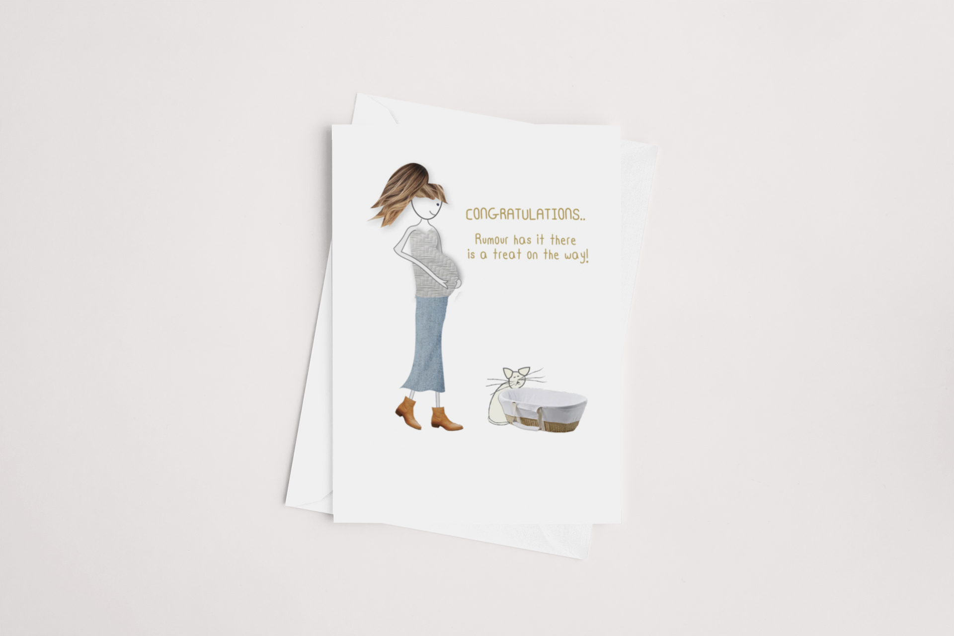 A congratulatory Rumour Has It card, a product of icandy, featuring an illustration of a pregnant woman with a text that reads "congratulations" and a playful message saying "rumor has it