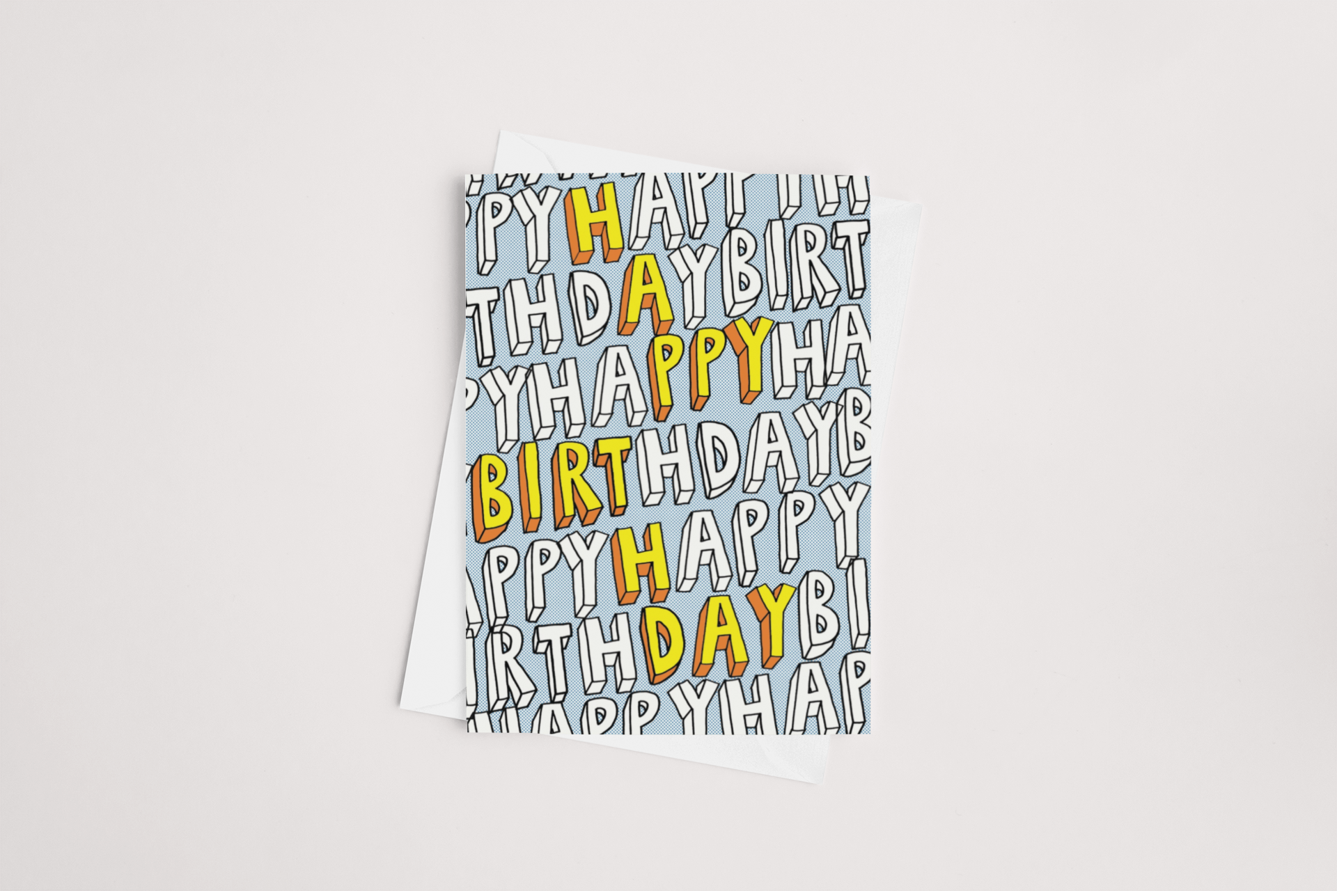 A festive Block Birthday Card from Tuesday Print with the phrase "happy birthday" repeatedly written in a playful and colorful font on a white background. This product of New Zealand is perfect for sending warm wishes.