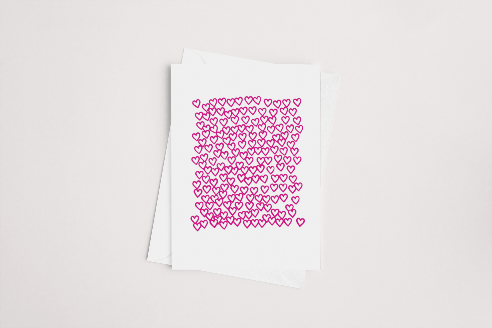 A Pink Hearts Card with a qr code made of pink hearts on a plain white background by Tuesday Print.
