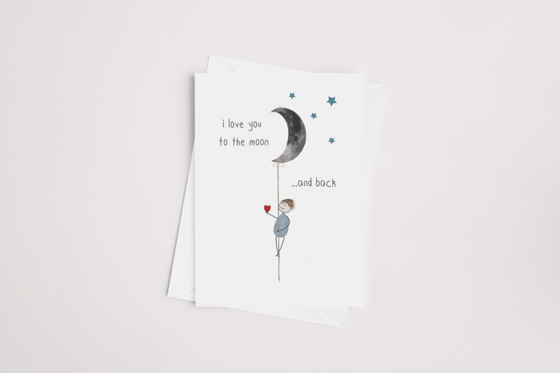 A charming Moon Love Card by icandy, with the phrase "i love you to the moon... and back" accompanied by an illustration of a whimsical figure holding a heart-shaped balloon.