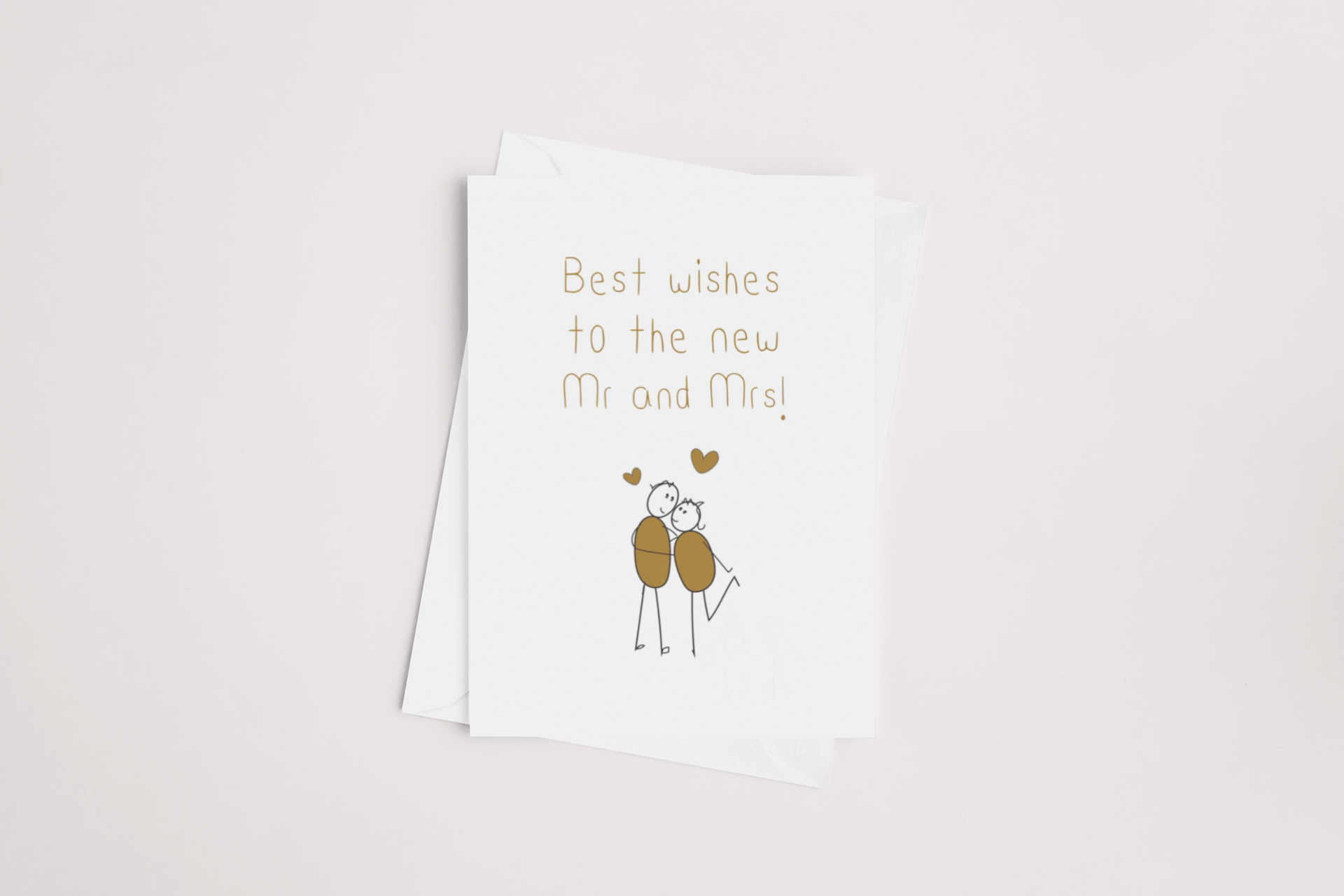 A Mr & Mrs Card by icandy with the message "best wishes to the new mr and mrs!" featuring an illustration of two cute characters holding hands with a heart above them, product of New Zealand.