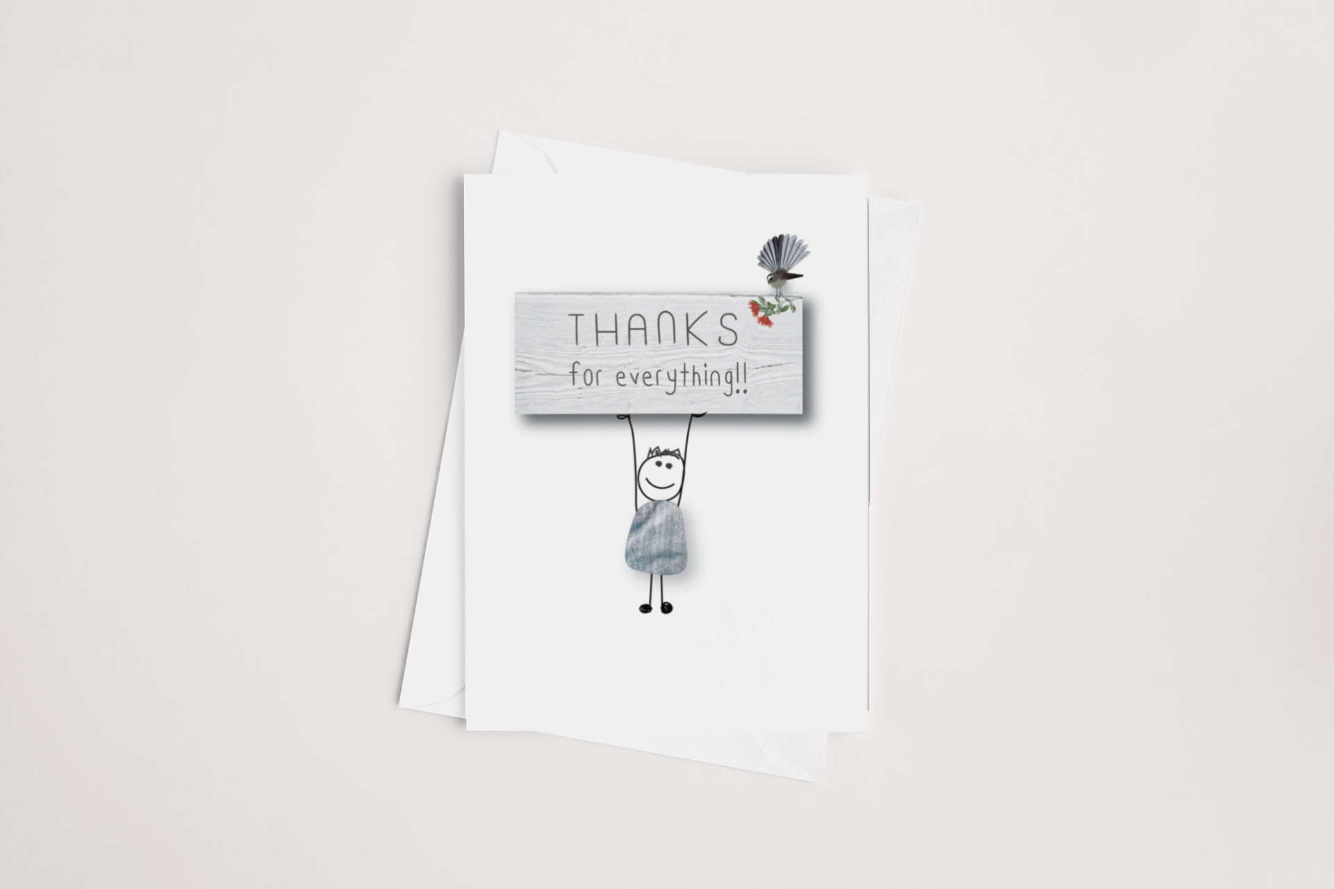 A whimsical Thanks for Everything Card from icandy New Zealand featuring a playful illustration and the cheerful message "thanks for everything!" pinned on a stack of white paper.