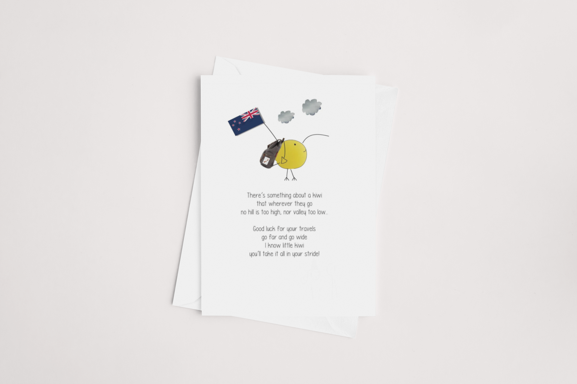 A whimsical greeting card, the Kiwi OE Travel Card by icandy, featuring an illustrated kiwi bird with a speech bubble, humorously dressed as a rugby player against a white background, complete with a small