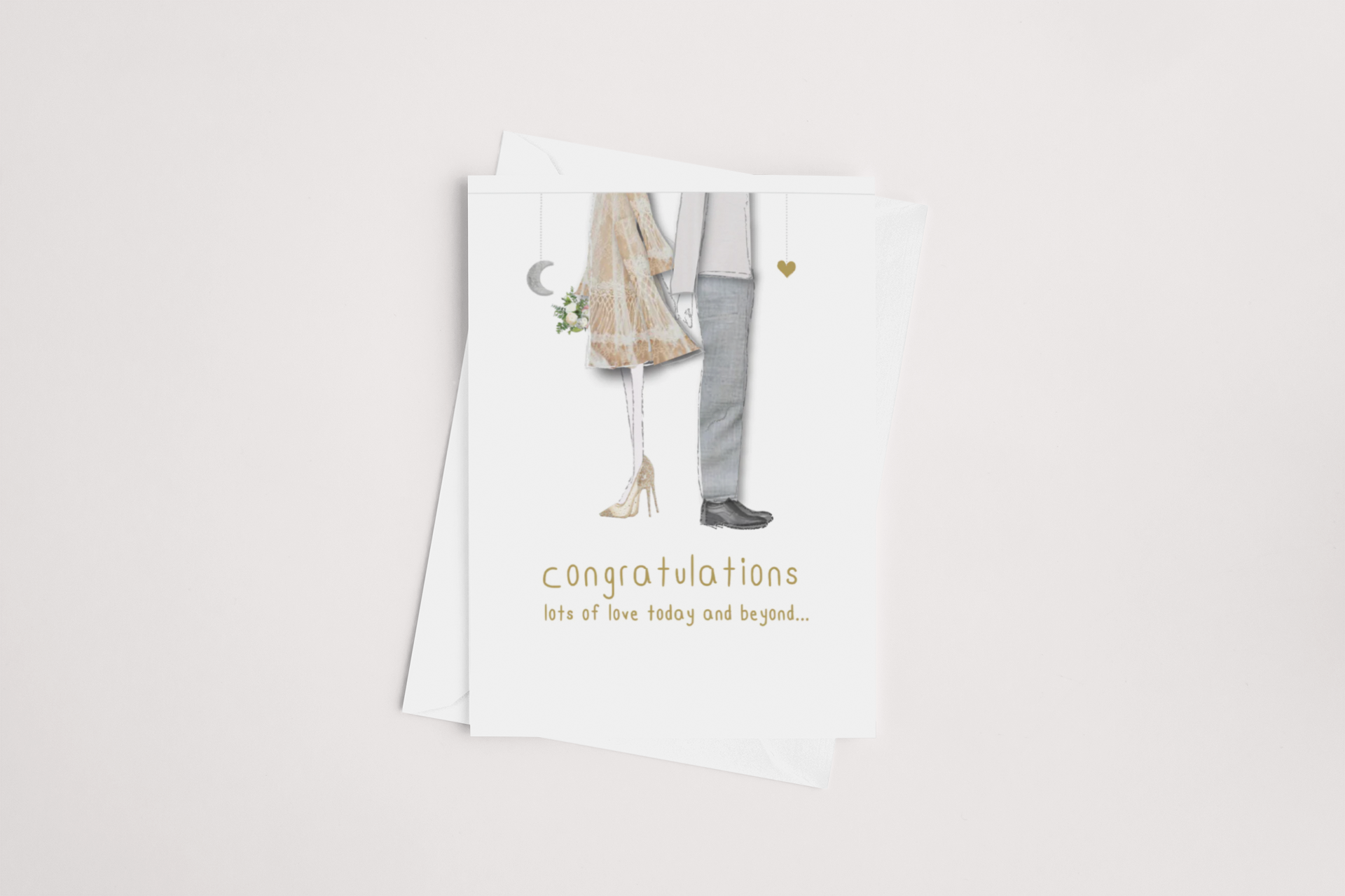 A greeting card, Lots of Love today and beyond Card by icandy, featuring an illustration of a couple's lower bodies and feet in a celebration pose, with the phrase "congratulations lots of love today and beyond...